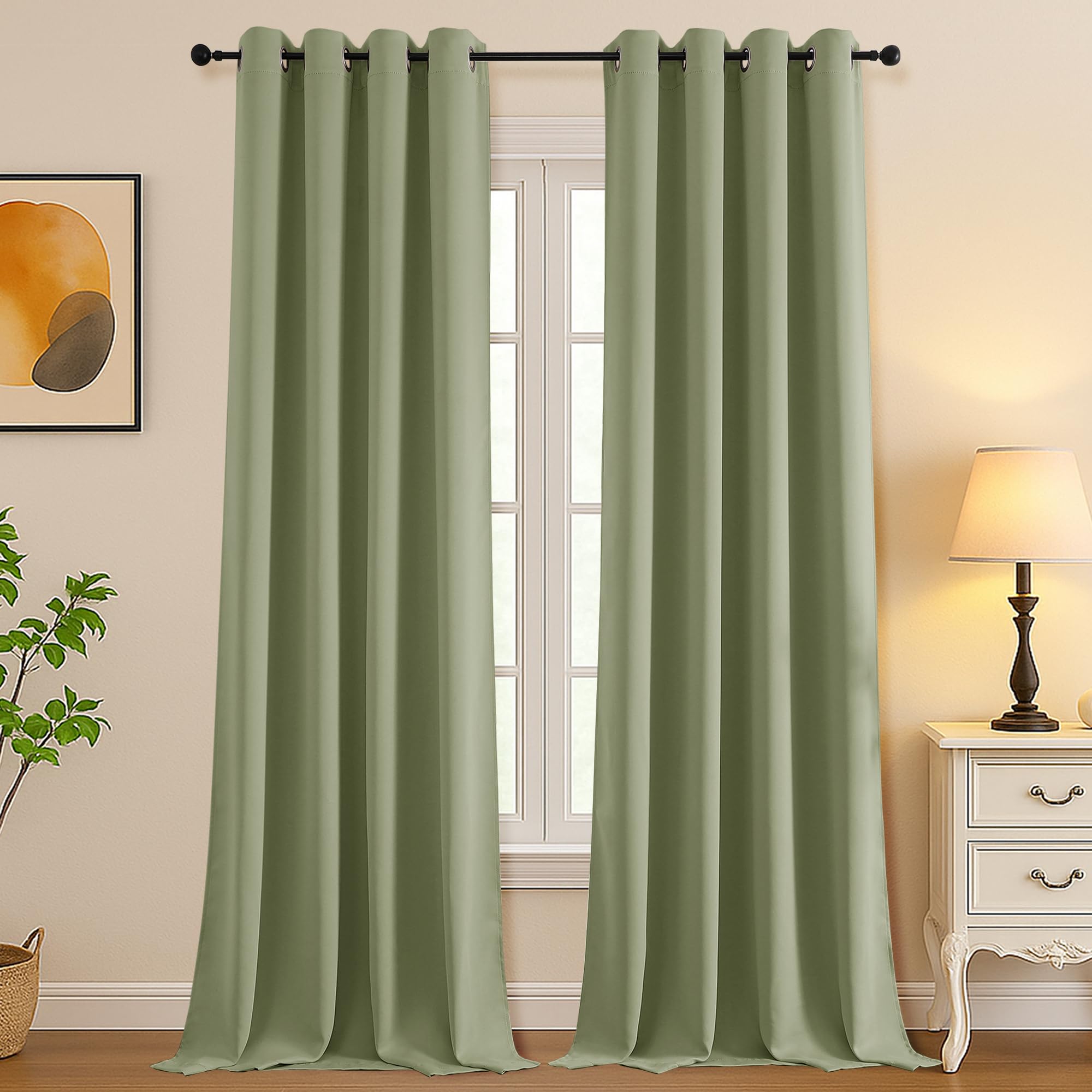 Simplebrand Sage Green Room Darkening Curtains for Bedroom Living Room 108 Inches Long 2 Panels Set, Thermal Insulated Curtains &amp; Drapes, Solid Grommet Noise Reducing Window Treatment, W50 x L108 Inch