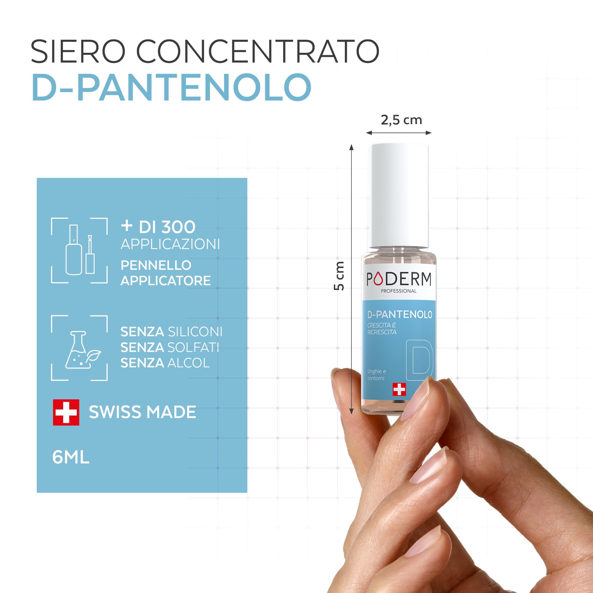 Poderm 5 in 1 Siero Booster Unghie - D-Pantenolo | Trattamento Rinforzante & Crescita per Unghie Fragili - 6 ML | Favorisce Limita la Rottura | 100% Naturale - Sviluppato da un Podologo in Svizzera