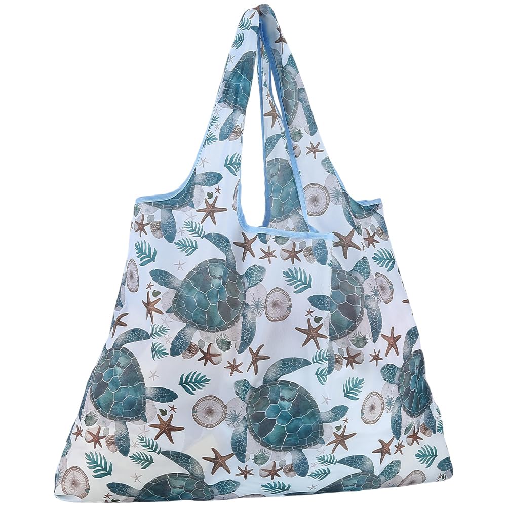 CREATCABIN Turtle Reusable Grocery Bags with Handles Polyester Shopping Bags Foldable Beach Bag Large Tote Heavy Duty Lightweight Washable Storage Pouch for Holiday Shopping Market 16.53 × 22.05 In