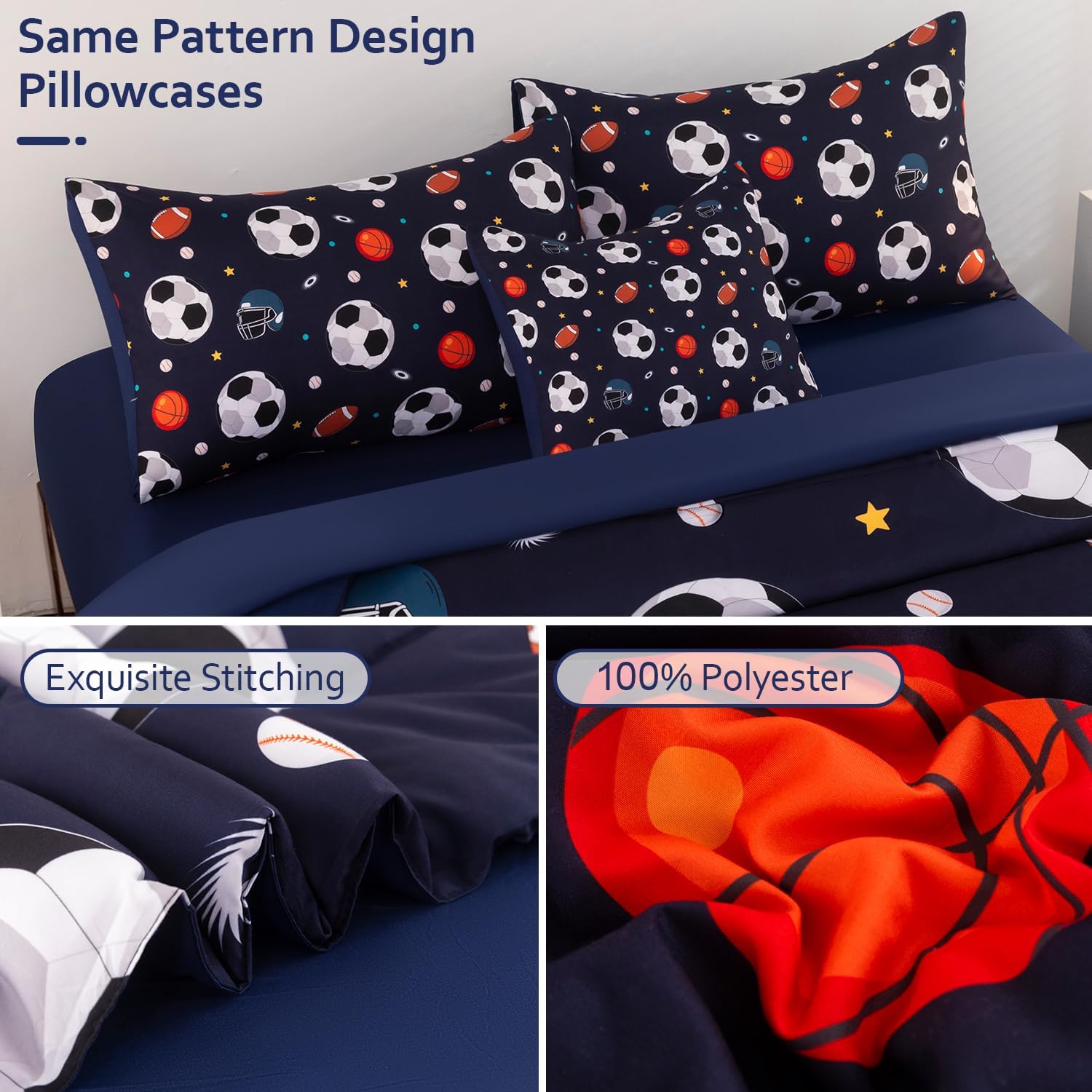 Boys Comforter Set 6 Pieces Queen Size Sports Theme Kids Bed in A Bag with Sheets Sets Basketball Football Rugby Printed Teen Boy Bedding (Navy Blue, Queen)
