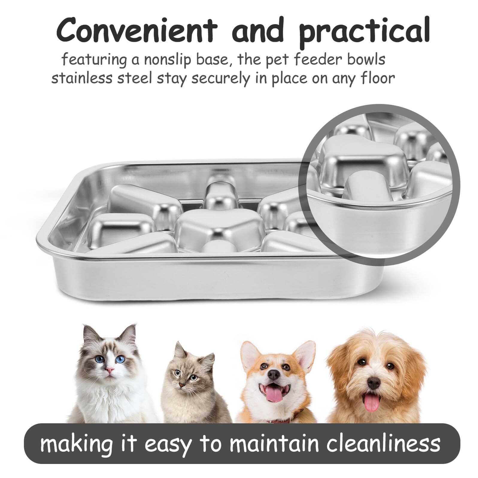 Comedero Lento Laberinto para Perros y Cachorros Acero Inoxidable Plata | 23x23 Cm, Resistente al Óxido, Limpieza Sencilla, Base Antideslizante, Diseño de Alimentación Pausada