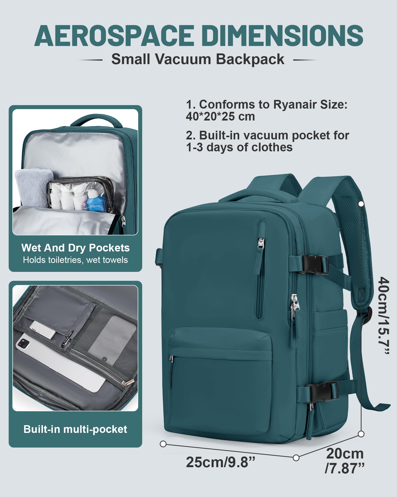 bergsalz Zaino Sottovuoto Ryanair 40x20x25 Viaggio Con Pompa Zaino Da Viaggio 40x20x25 Da Donna Uomo Aereo Bagaglio a Mano Con Sottovuoto Incorporato blu Pavone