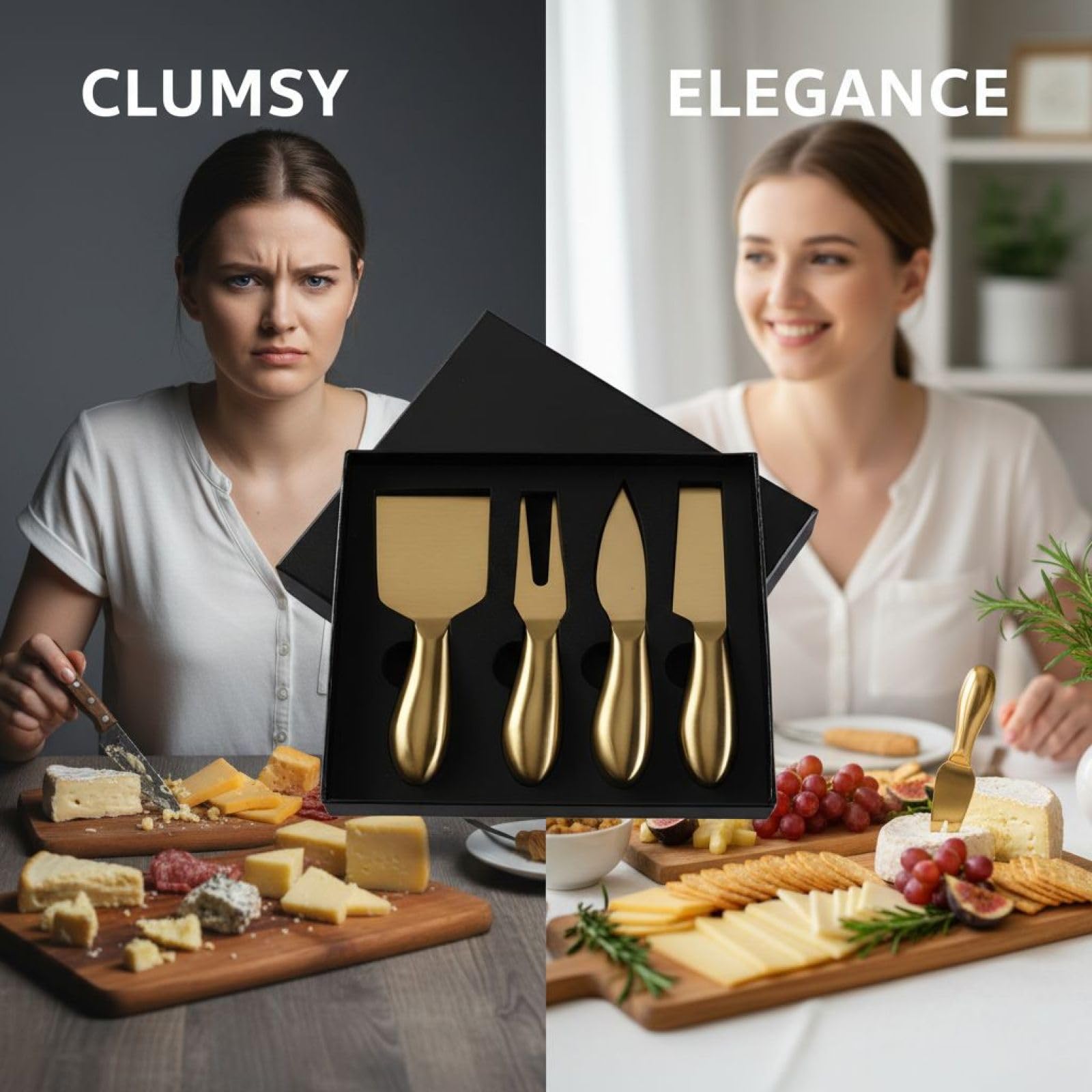 Lot de 4 couteaux à fromage dorés, couteau, fourchette et pelle à fromage en acier inoxydable avec poignée creuse, accessoires pour plateau de charcuterie, coffret cadeau pour crémaillère et mariage