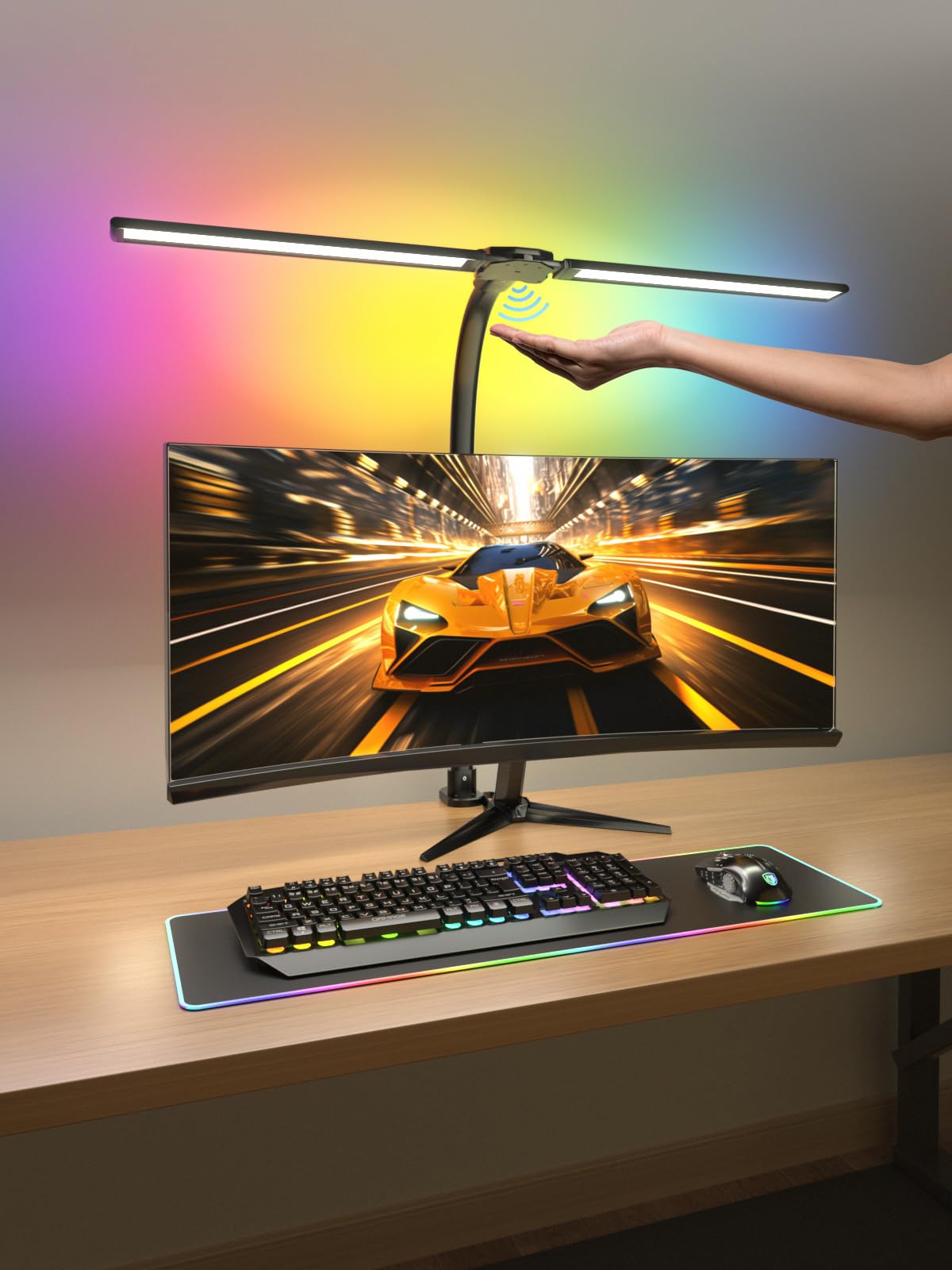 RGB Double Swing Arm Desk Lamp - 24W Ultra Bright Auto Dimming Desk Light, Multi-Angle Adjustment, Touch Control Desktop Lamp- Ideal for Home Office, Gaming, Reading, Work