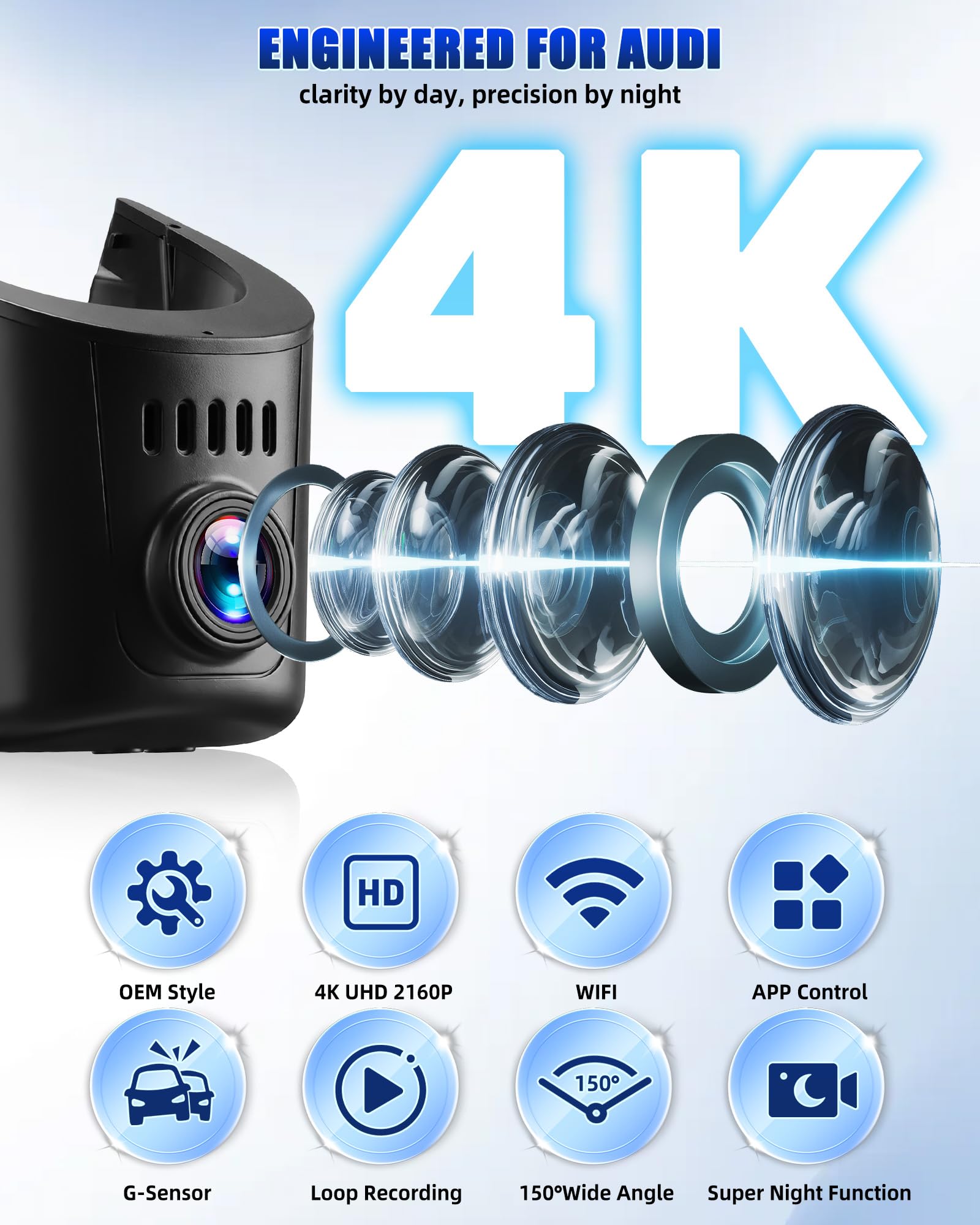 CAMECHO Visione Notturna 4K UHD 2160P Dashcam per Audi (Modello A) 2019-2026 TT A3 A4 A5 A6 A7 A8 Allroad Q3 Q5 S6 Q7 S3 S4 S5 S7 S8 RS3 RS5 RS6 e-tron, 150° Telecamera Posteriore con WiFi sensore G