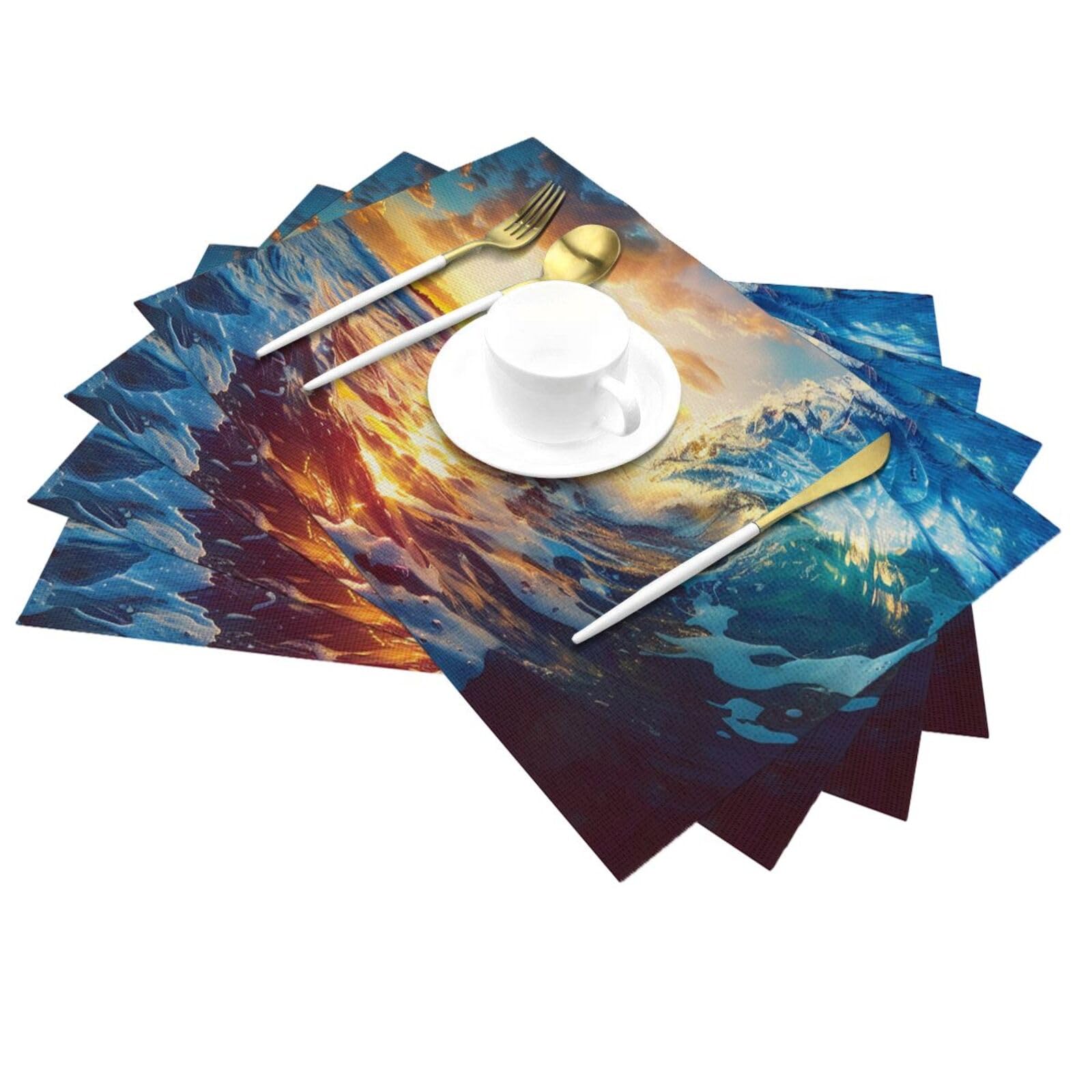 Set di 6 tovagliette stampate con paesaggio marino, in PVC, resistente al calore, per cucina, tavolo da pranzo, per interni ed esterni, 45 x 30 cm