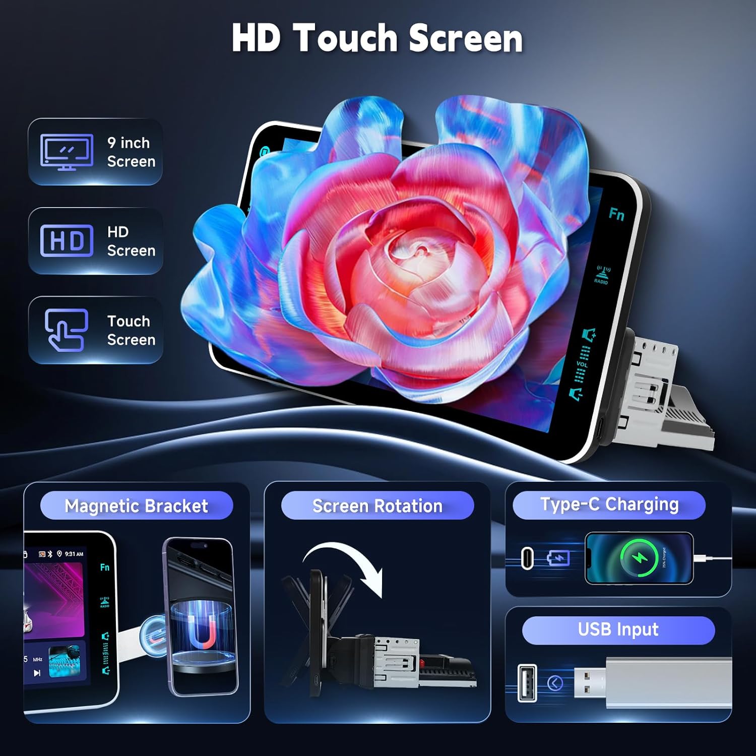 4G+64G Andriod Single Din 9-Inch Touchscreen Car Stereo with Wireless Carplay Android Auto, Car Radio Rotatable Screen 1 Din Bluetooth Mirror Link GPS WiFi, FM/RDS EQ with Backup Camera+Phone Holder