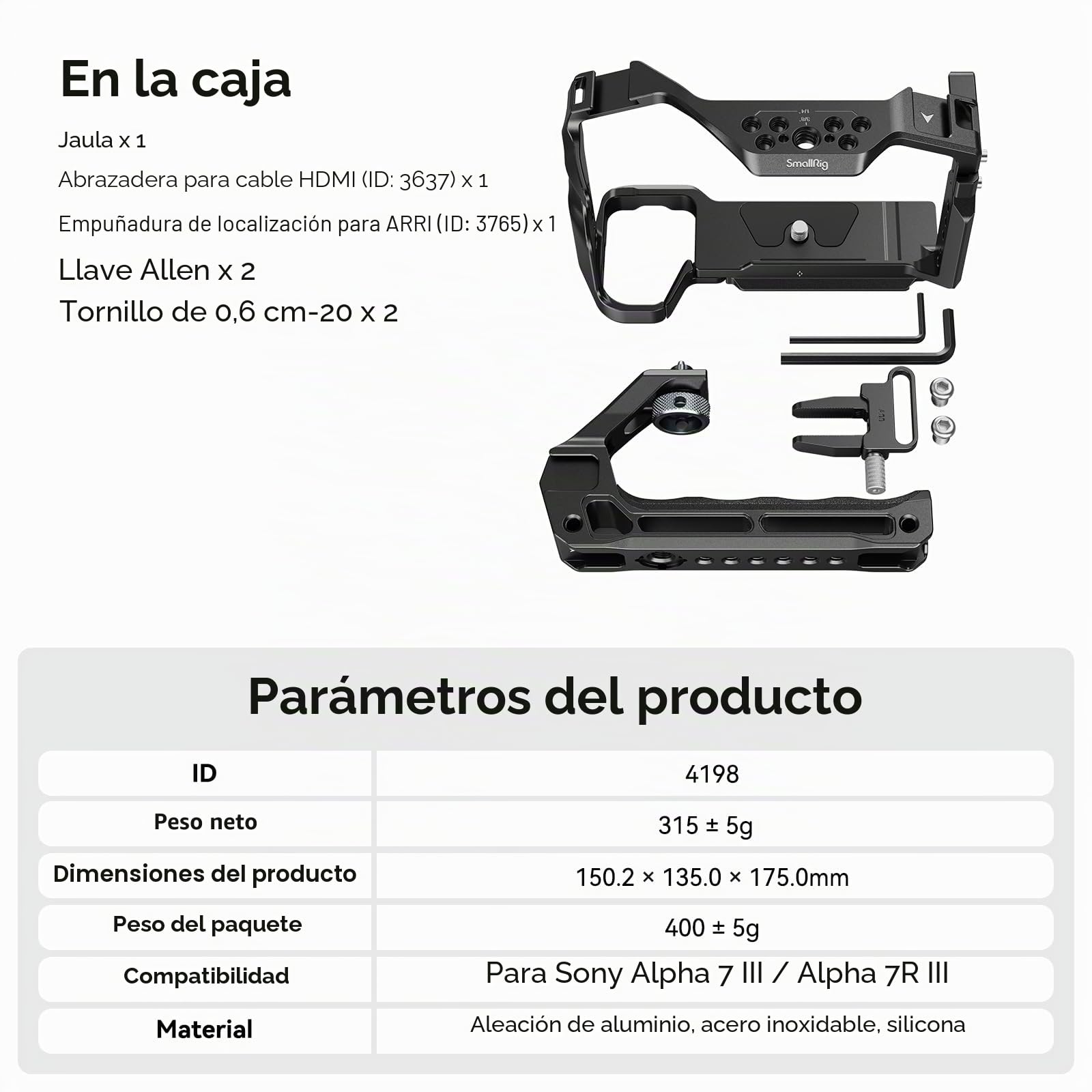 SMALLRIG A7 III / A7R III Kit de Jaula para Cámara para Sony Alpha 7 III / Alpha 7R III, Jaula Completa con Top Handle para ARRI y Cable Clmap, Zapata incorporada y NATO Rail - 4198