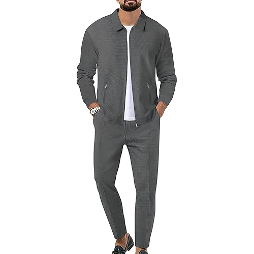 Men's Waffle Tracksuit 2 Pieces Set Casual Long Sleeve Zip Up Sweatsuits Solid Athletic Jogging Suit Sets