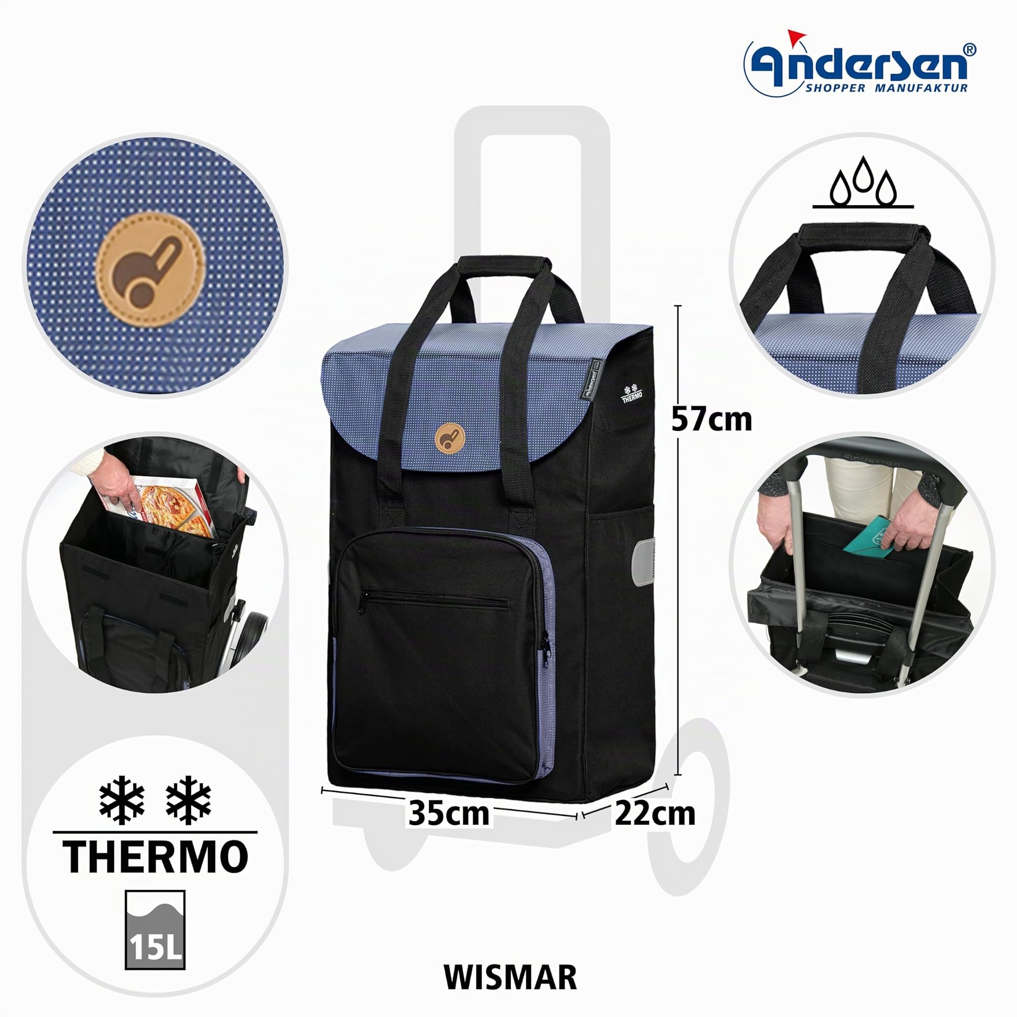 Andersen Einkaufstrolley - klappbar - 45 Liter - mit Kühlfach | belastbar 60 kg - Stahlgestell - Trolley - Metallspeichen-Rad Ø 25 cm - Royal Shopper Steel Wismar schwarz
