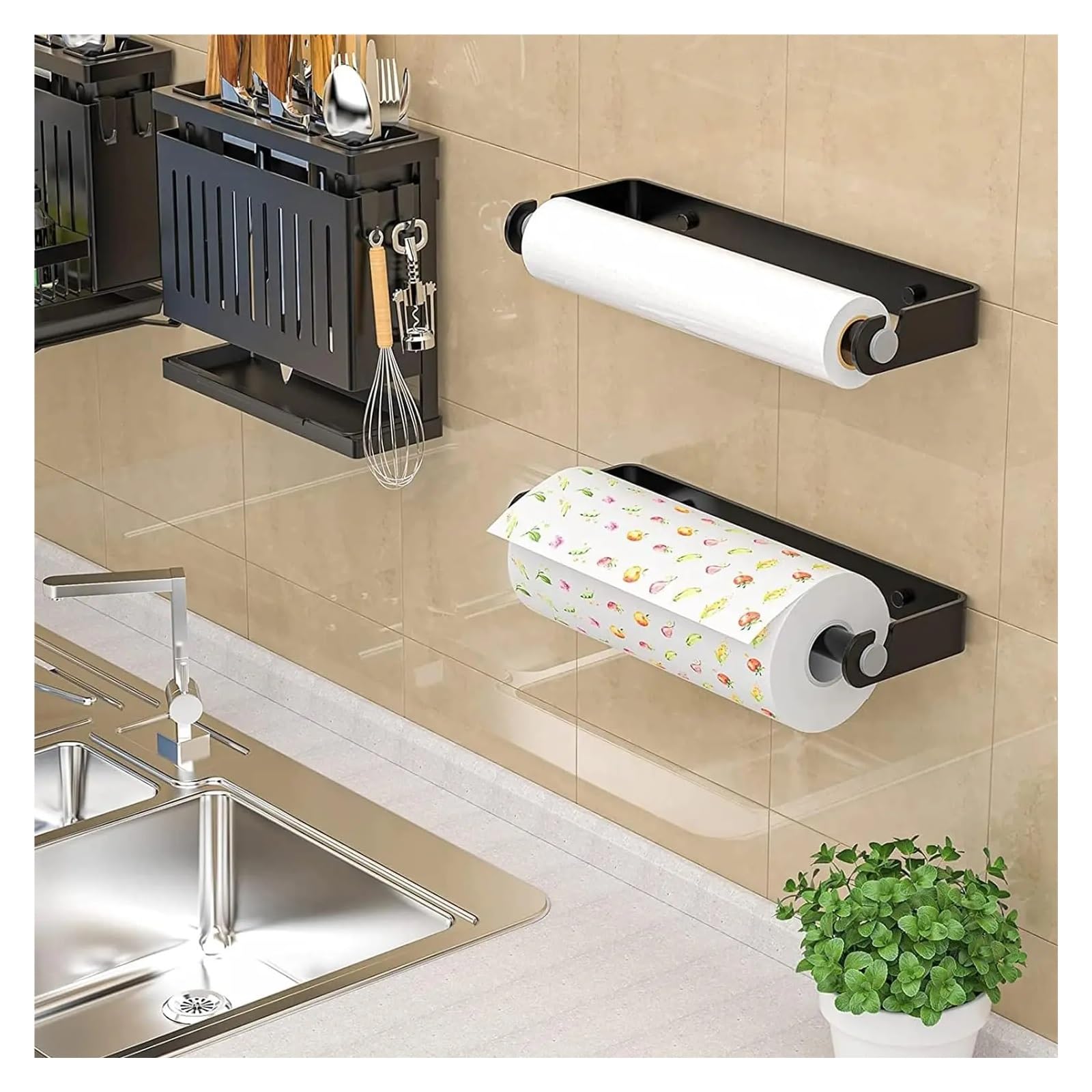 Paper Towel Holder Plastic Wrap Storage Wall Mounted(32cm-Silver)