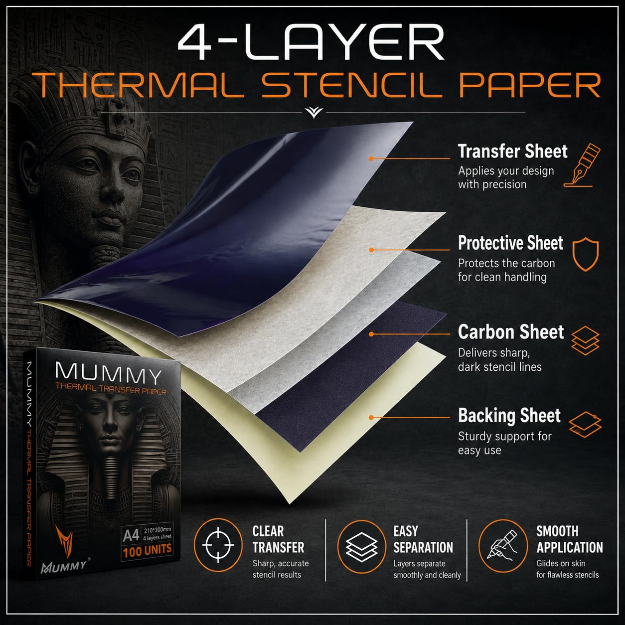 Mummy 100 hojas de papel de transferencia de tatuajes, tamaño A4, papel de plantilla de copiadora térmica de alta calidad, 4 capas para principiantes y artistas, suministros de tatuaje