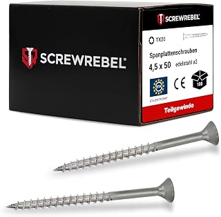 SCREW REBEL® Spanplattenschrauben 4,5x50 mm [200 Stück] – Edelstahl A2 rostfrei mit Teilgewinde & Senkkopf – TX20 Antrieb – Holzschrauben mit ETA-Zulassung