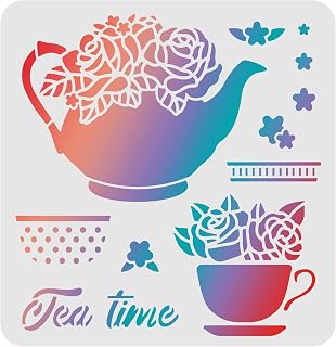 FINGERINSPIRE Teapot Stencils Template 11.8x11.8inch Plastic Tea Time Drawing Painting Stencils Square Reusable Stencils for Painting on Wood, Floor, Wall and Tile