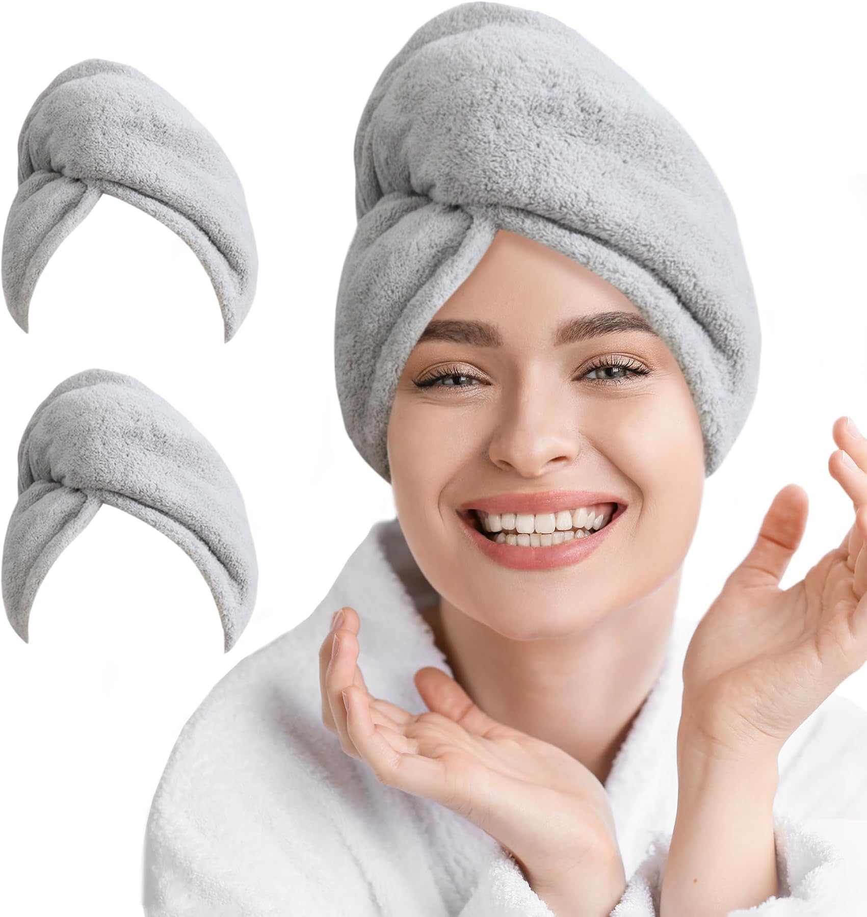2 Pack Microfiber Hair Towel Wrap for Women Super Absorbent Quick Dry Hair Turban for Drying Curly, Long & Thick Hair 10 inch X 26 inch Lightgrey+Lightgrey