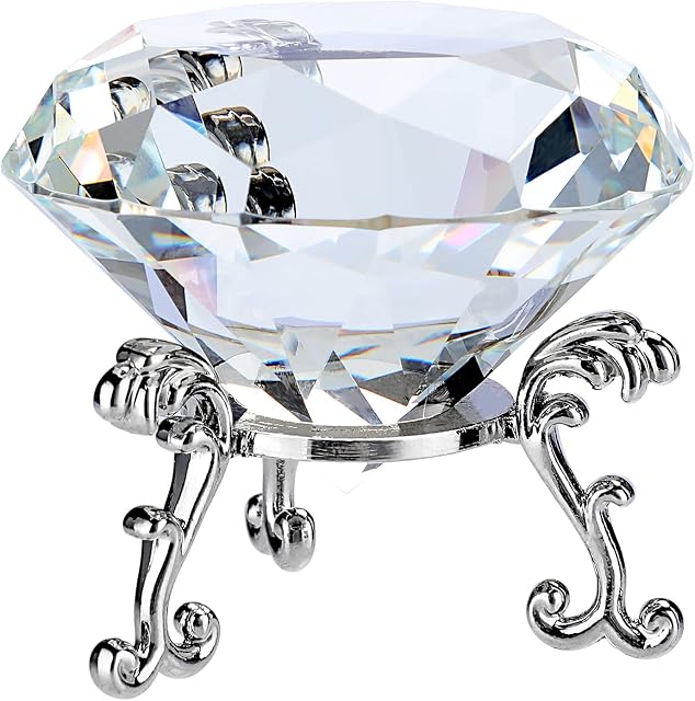 IGNPION 60mm K9 Glass Diamond Paperweight with Base Stand, Glass Clear Diamante Crystal Photography Art, Sparkling Glass Gem Ornament Decoration Gift for Home Office Wedding Decor
