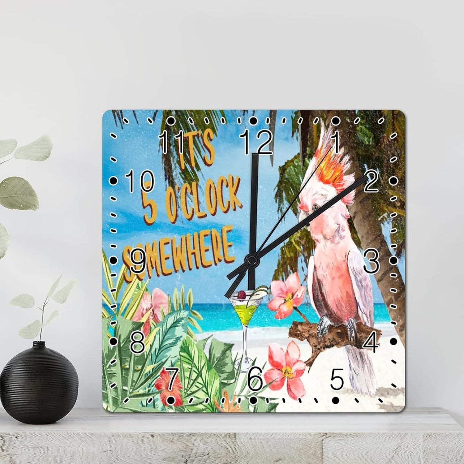 Colour Colorful Floral Parrot Tropical Wall Clock Beach House Square Clocks It's Five O'clock Somewhere 15 Inch Wall Clocks Battery Operated Tuscan Cabin Wall Decor Living Room Decor