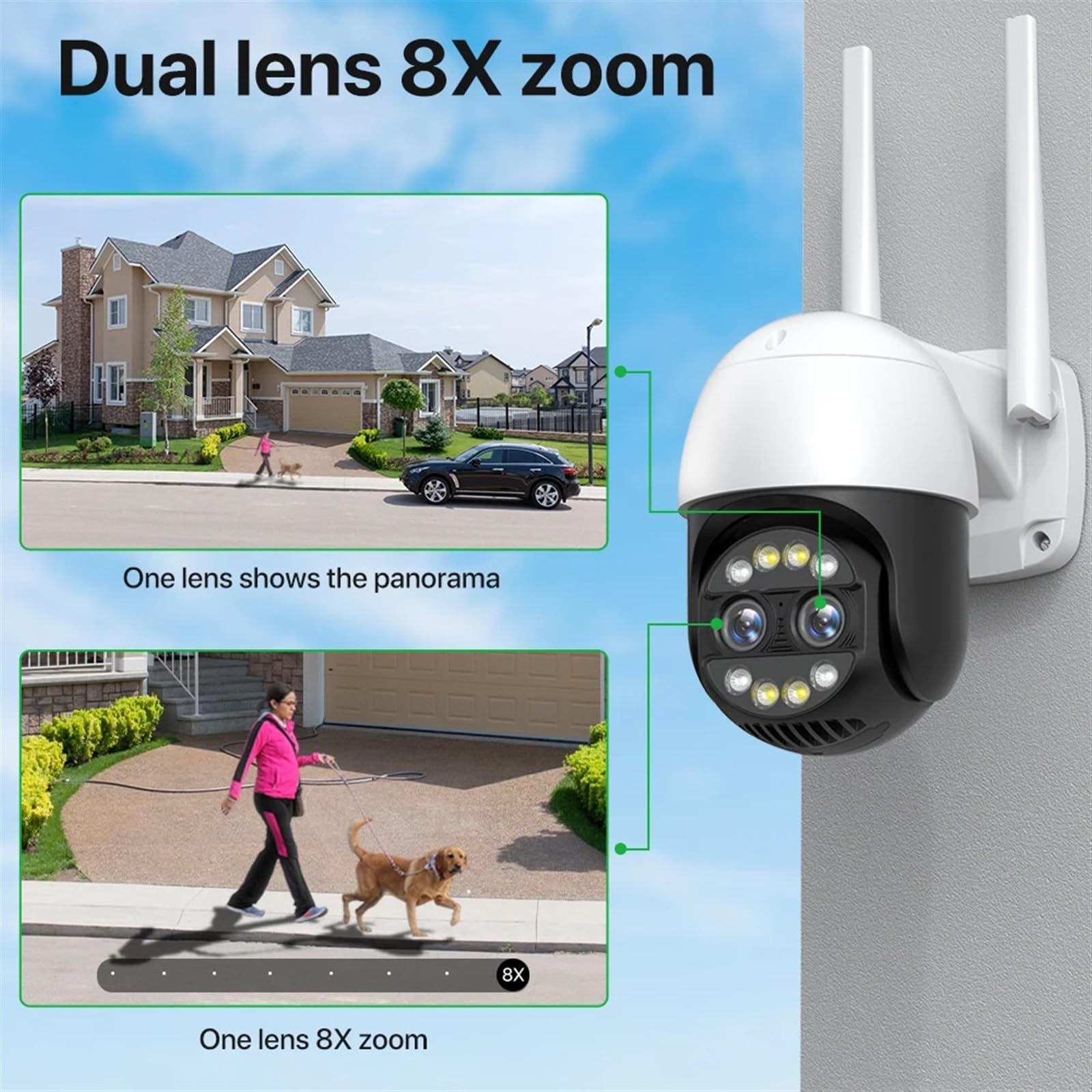 Kamery Monitoringu, Kamera IP 8 MP 4K PTZ 8x Zoom hybrydowy 2,8 + 12 mm Kamera Wi-Fi z dwoma obiektywami Automatyczne śledzenie 4 MP Audio Bezpieczeństwo Nadzór wideo(4MP NO Card)