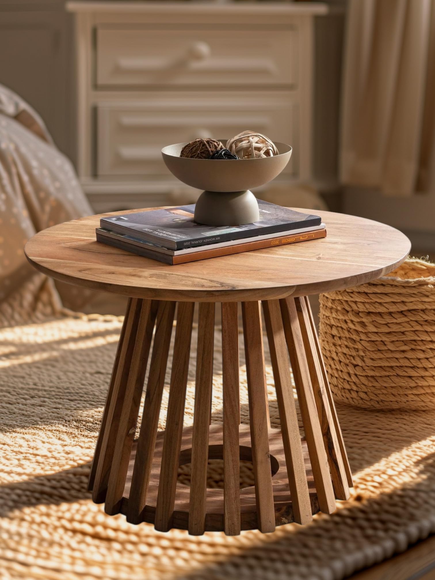 Solid Acacia Wood Round Coffee Table | Center Table for Living Room | Modern Wooden Side Table for Sofa, Bedroom & Home Decor | Stylish Round Wood Furniture (Natural Finish)-image-23
