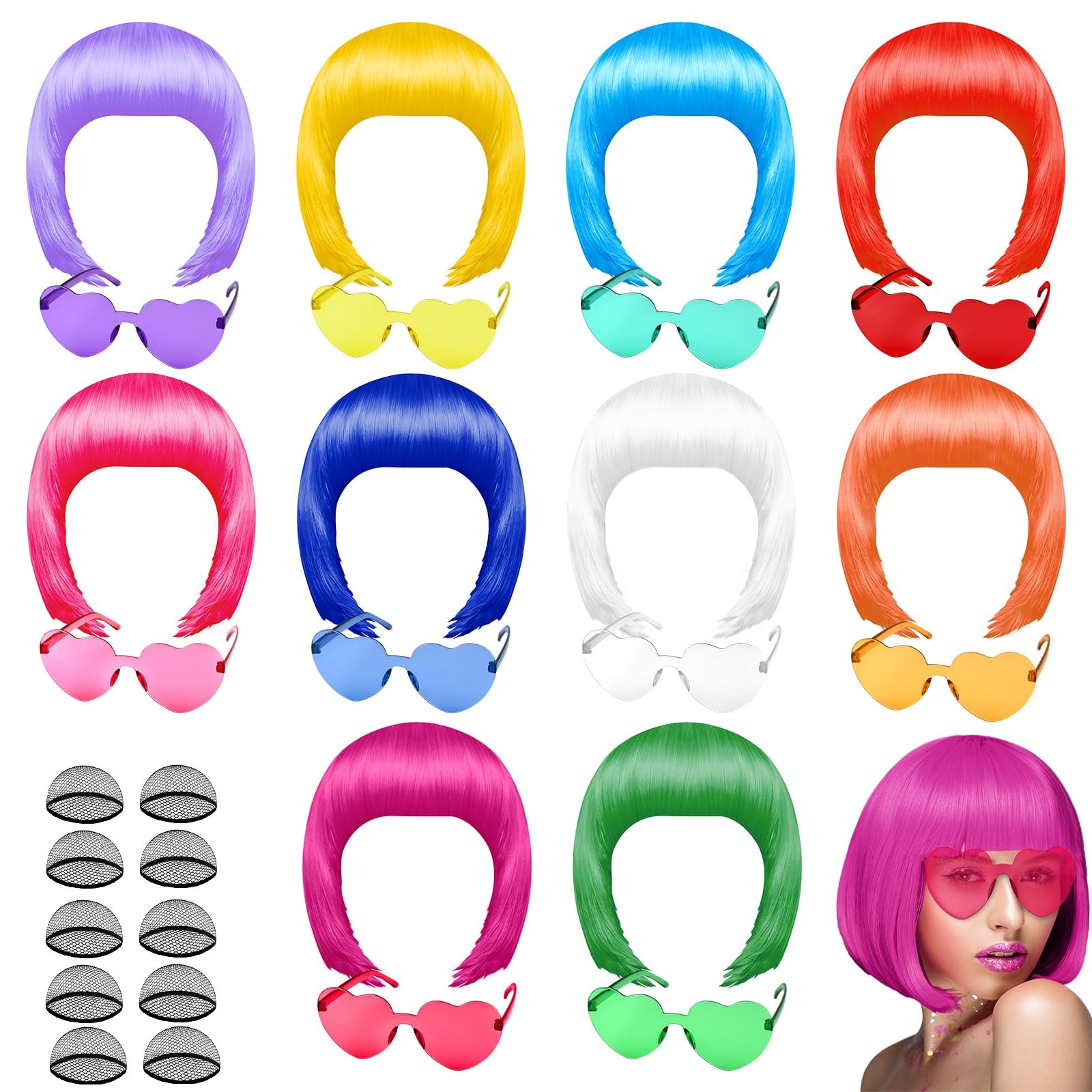 PLULON Party Perücken Sonnenbrillenset Neon Short Bob Perücke Sonnenbrillenpackung Kostüm Bunt Cosplay Perücke Tägliche Party Haarstücke Bachelorette Neon Party Gefälligkeiten Halloween Dekorationen