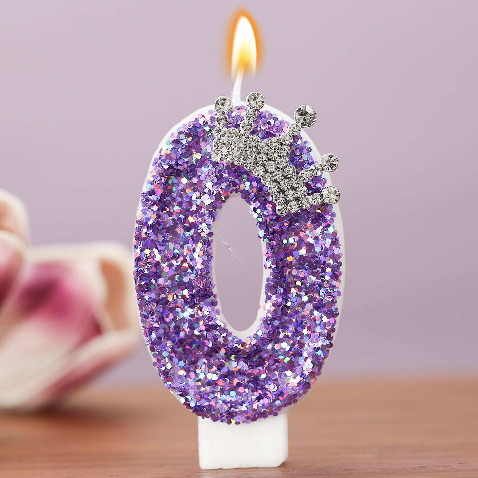 Velas con números de cumpleaños, velas de cumpleaños de corona morada para pastel, vela con purpurina número 0 con lentejuelas para suministros de celebración de aniversario (número 0)