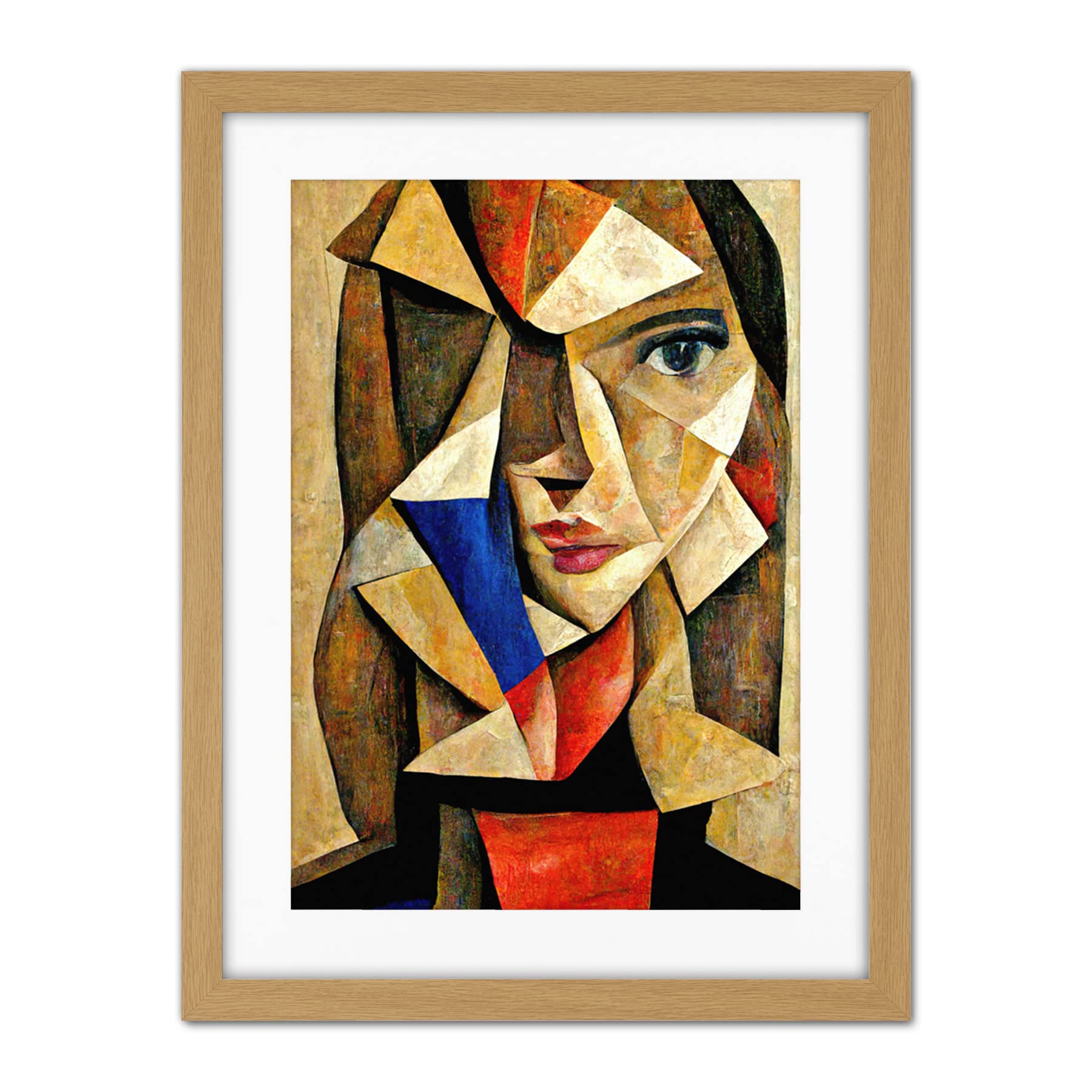 Doppelganger33 LTD Painting Cubism Style Portrait Of Young Woman Beige And Brown Artwork Framed Wall Art Print 18X24 Inch