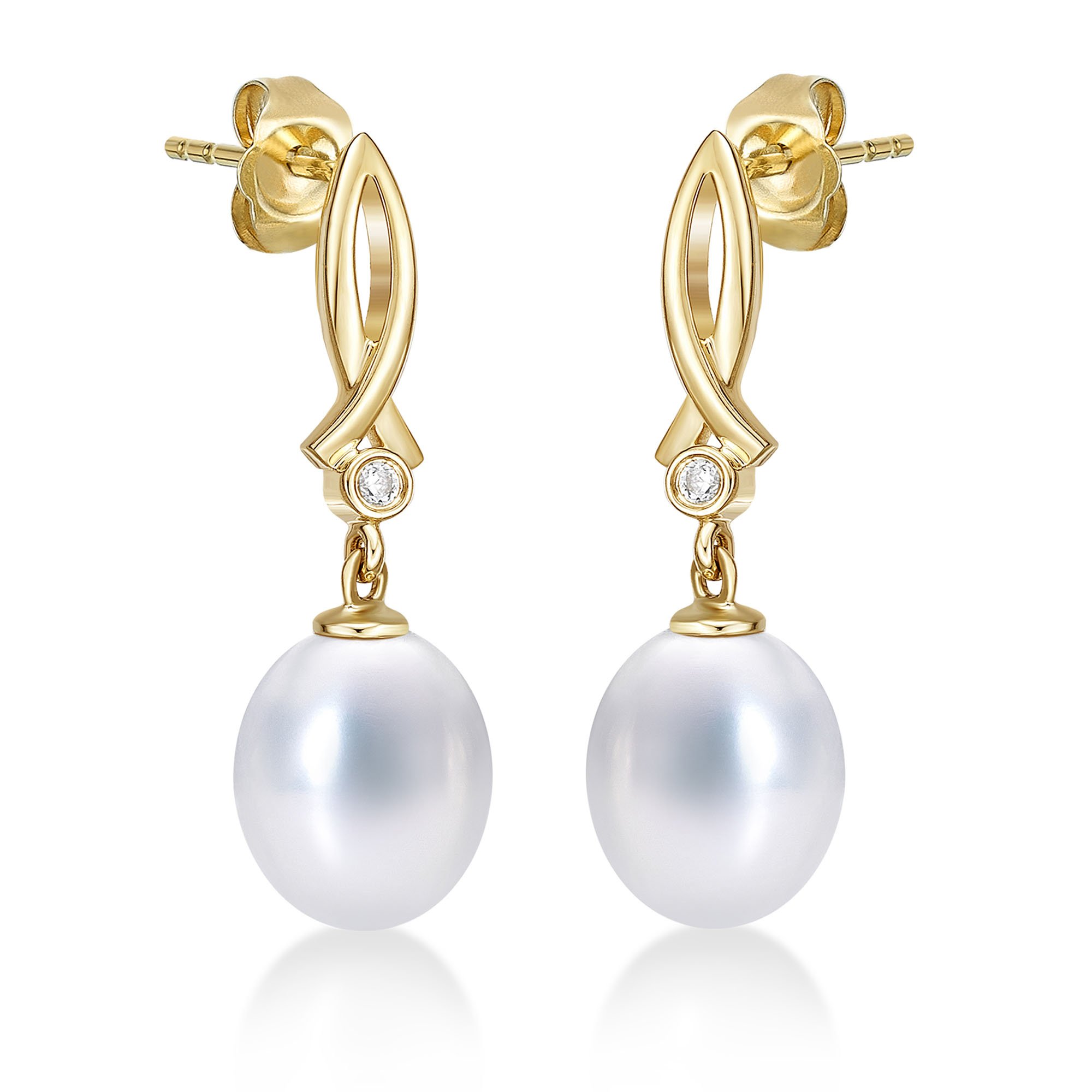 Diamond Treats Boucles d'Oreilles en Perle de Culture en Or 9 Carats, Boucles d'Oreilles Pendantes avec des Perles et Zircons, Boucles d'Oreilles Perles en Or 9ct pour Femme et Jeune Fille