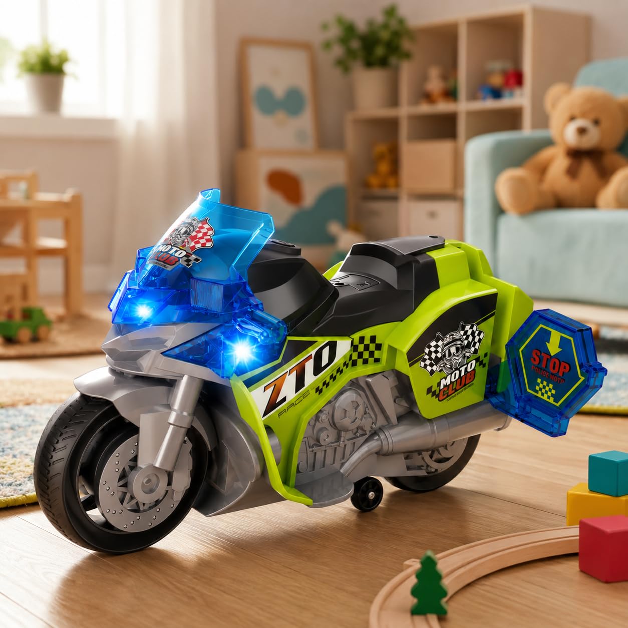 Moto de juguete con luces de sonido real, música, mega-moto, luces LED y sonidos, 27 cm, movimiento con ruedas libres, pilas incluidas, motor deportivo, motoclub, multifunción, con compartimento para