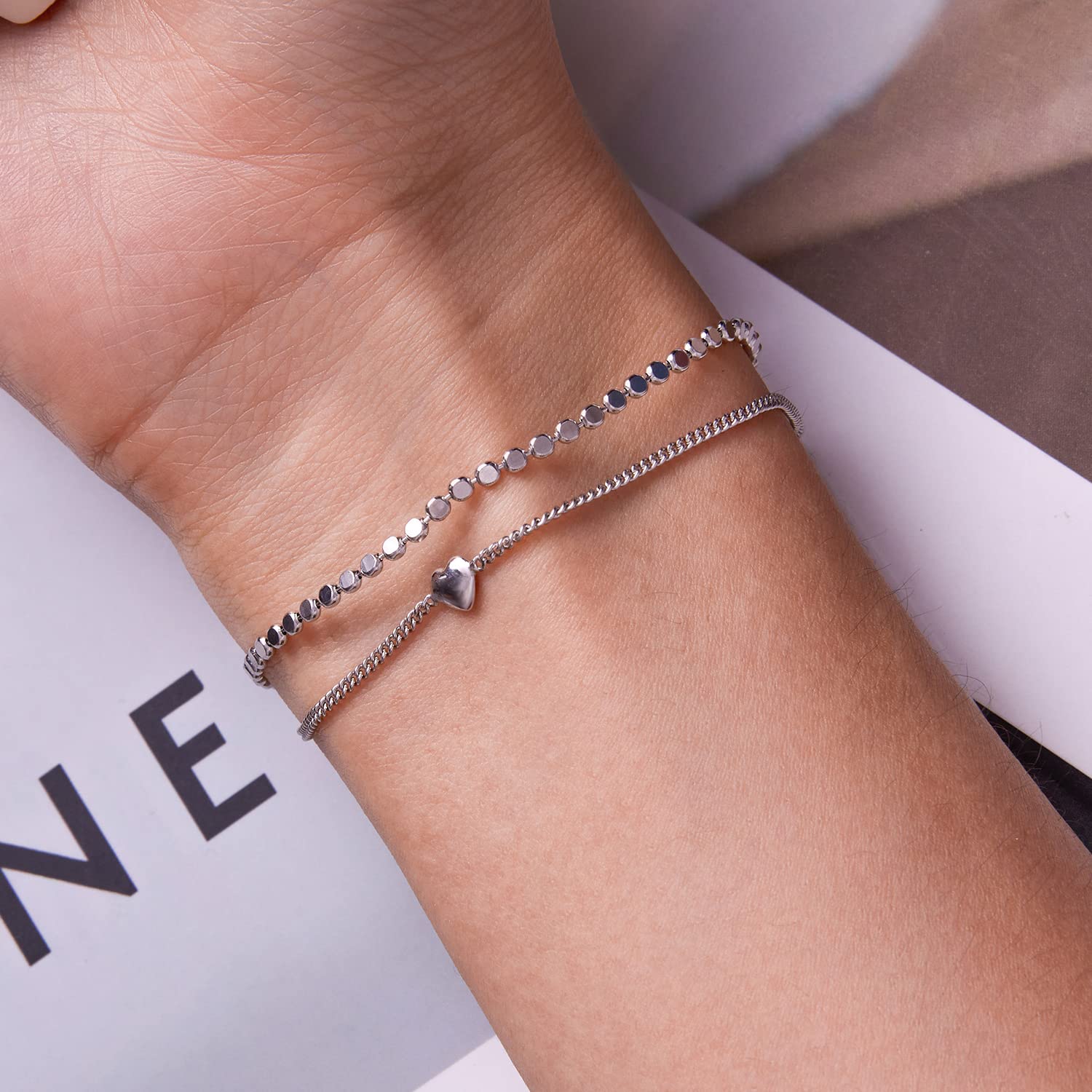 LYGBAOFUL Cadena de Doble Capa Pulsera con dijes de Amor S925 Joyería de Plata esterlina para Siempre Corazón Estrellas Cuentas Amistad Ajustable Pequeño Delicado Hecho a Mano