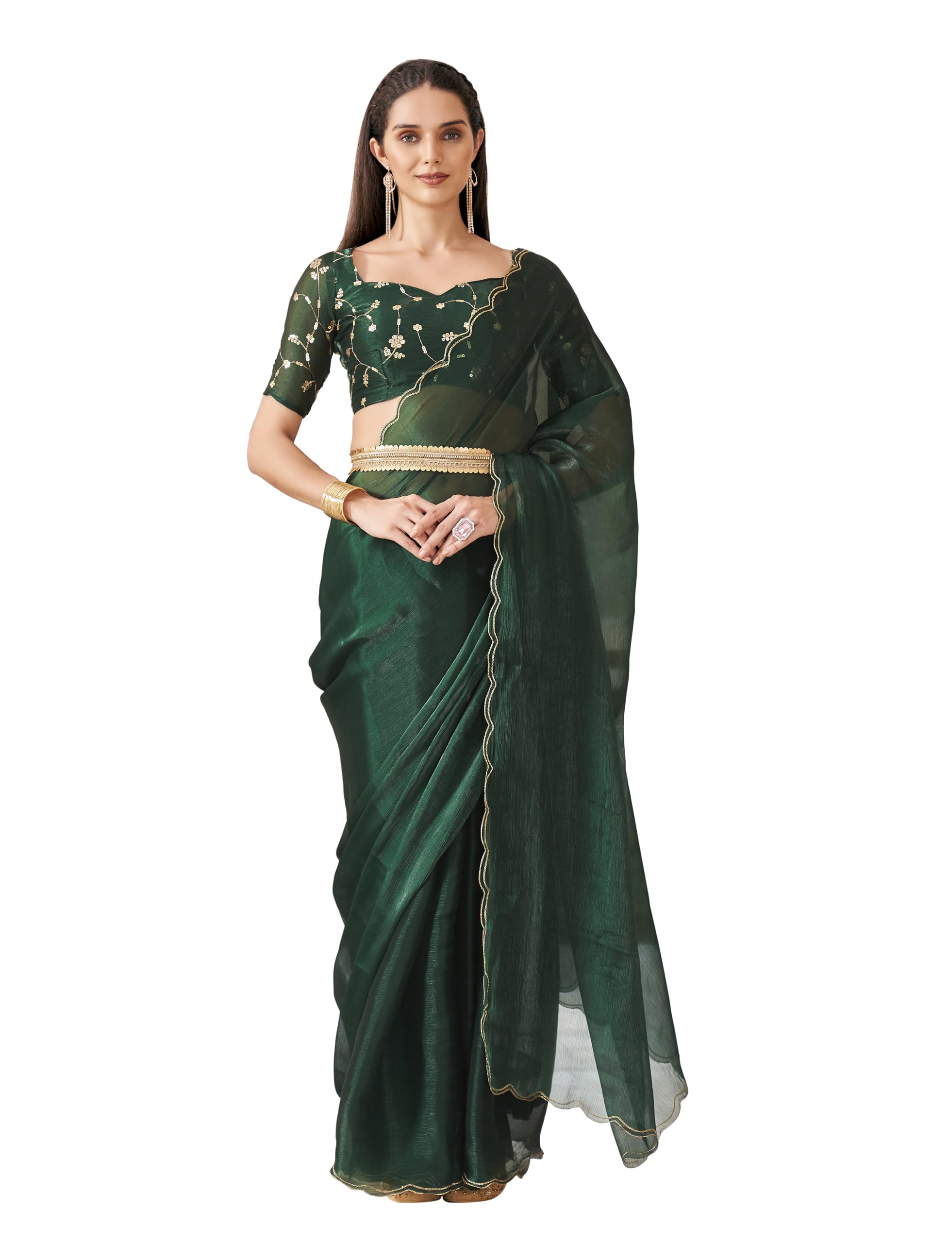 WomanistaWomen's Satin Saree (TI6648_Bottle green)