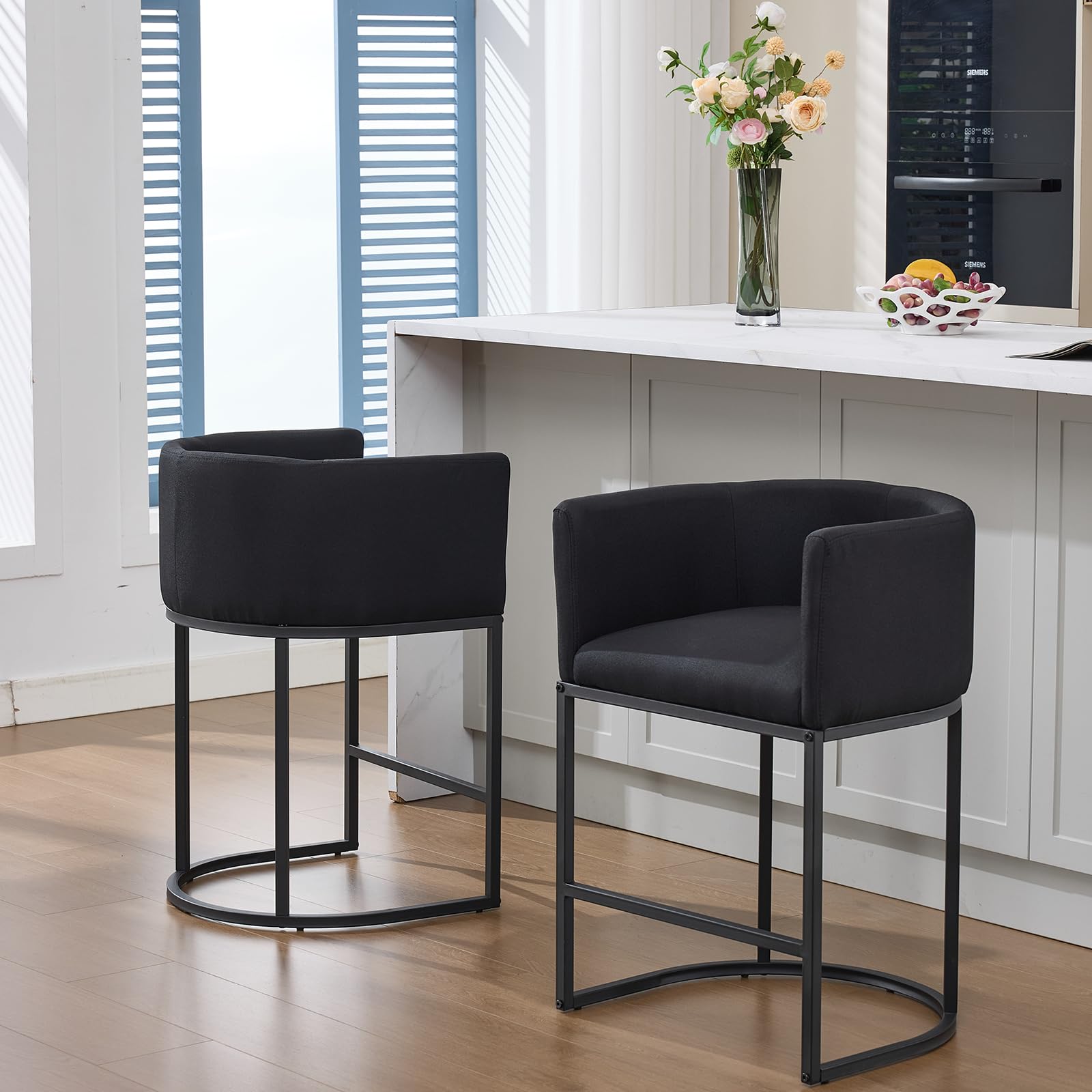 Canxkun Counter Height Bar Stools Set of 2, 25" H Modern Barstools with Backrest, Barrel Counter Stools with Metal Frames, Linen Fabric Upholstered