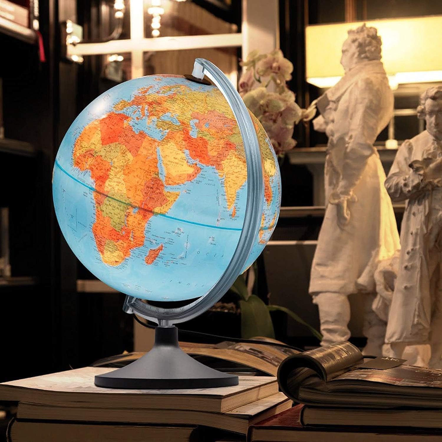 Mappamondo Tecnodidattica Uranio 30 cm Illuminato – Globo Geografico Didattico con Rilievo 3D, Cartografia Politica e Fisica, Base con Semimeridiano e Lente – Multicolore 0333URFGITLNTL46