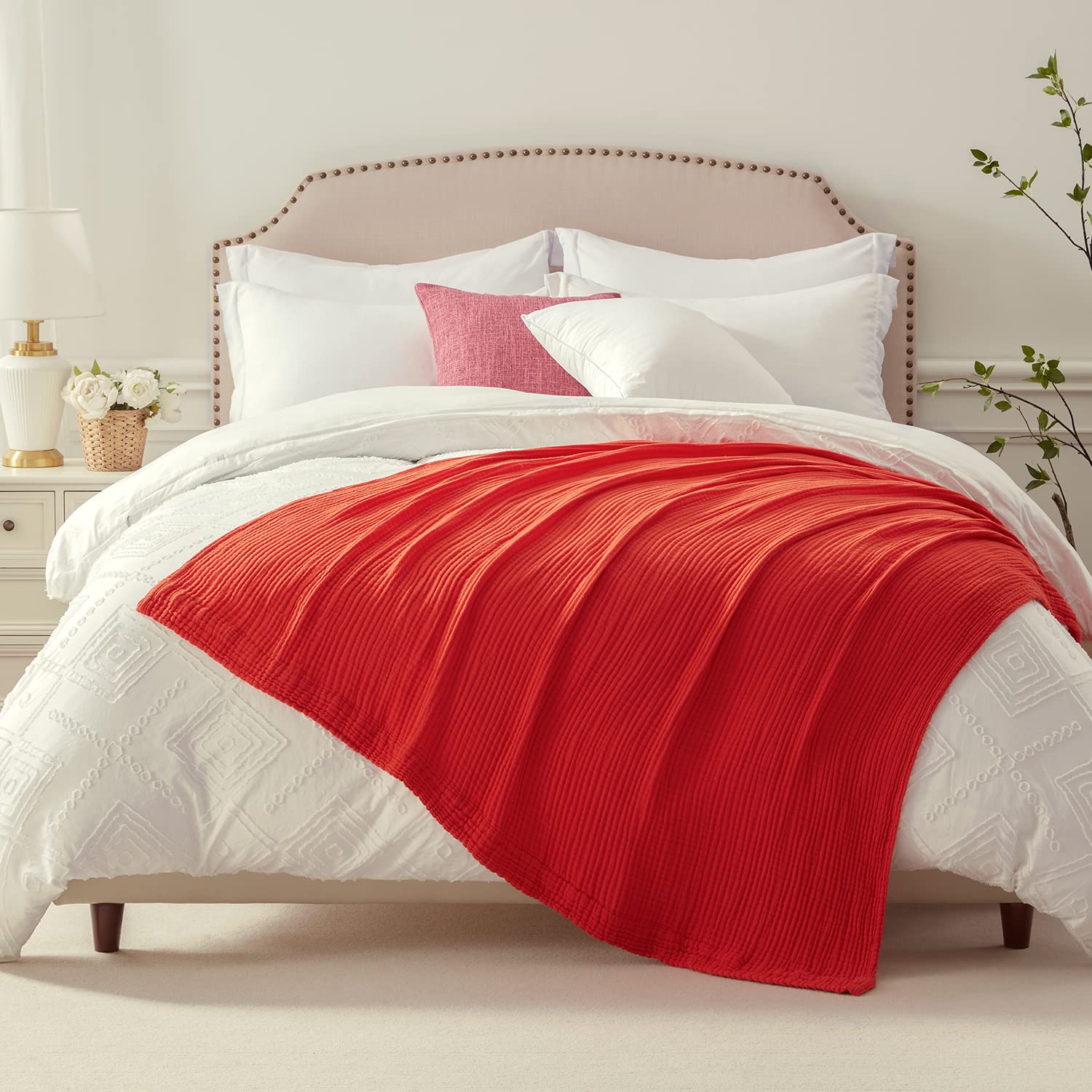 EMME Cotton Blanket Queen Size for Bed Soft Large 6 Layer Muslin Bed Blankets 80"x90" Lightweight Breathable Blanket All Season Gauze Blanket, Orange Rust