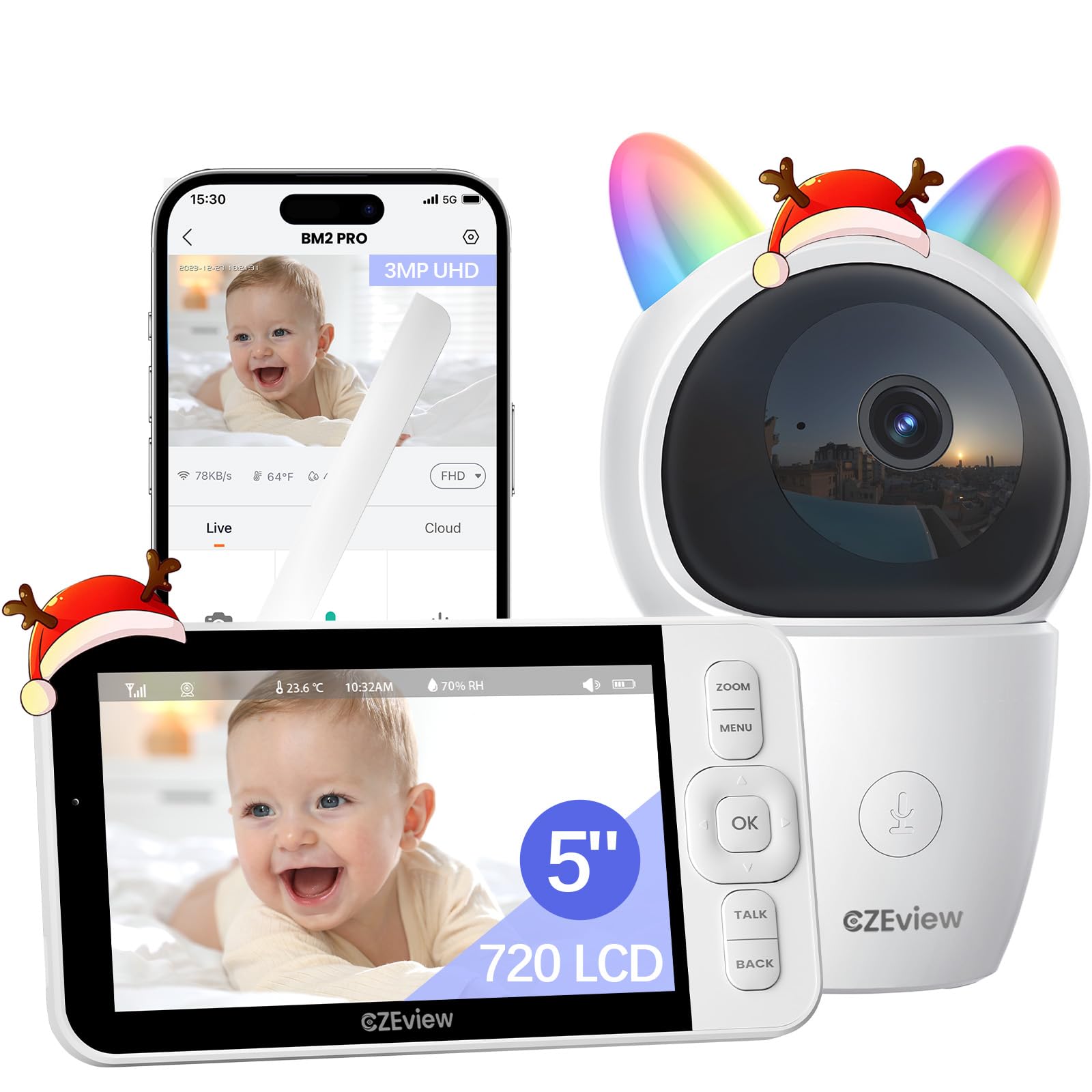 5.0”/2K Camara Vigilancia Bebe, 360° PTZ Vigilabebes con Camara, Detección de Movimiento/Ruidos, Audio de 2 Vías, Visión Nocturna, Control de Monitor y Movil (Blanco y Negro)