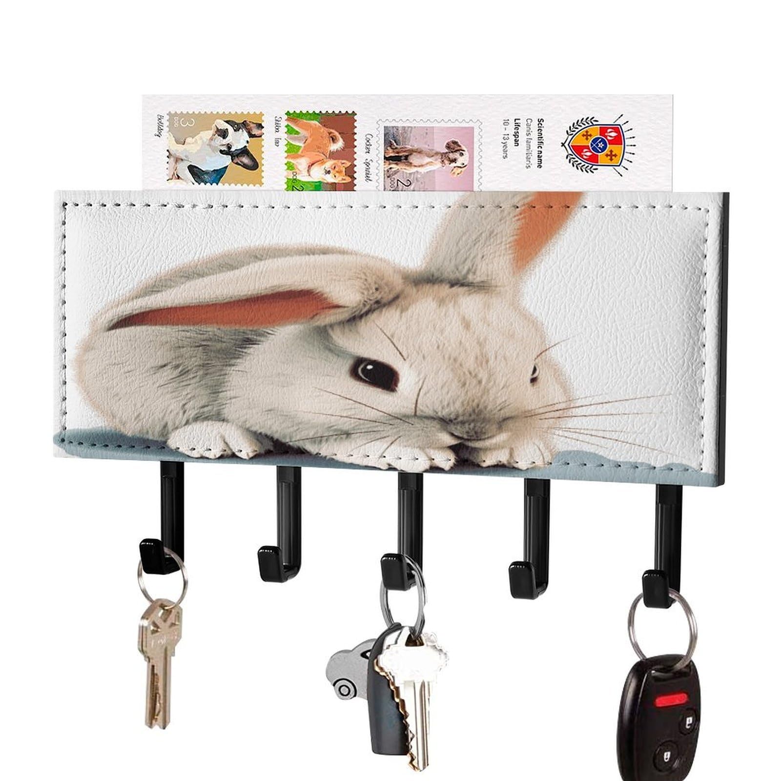FekiLoot Cry Rabbit Key Holder Wall Mount Key and Mail Holder Key Hanger with 5 Hooks Decorative PU Key Rack Hanging Key Hooks for Wall Living Room Kitchen Bathroom Hallway Black-Style