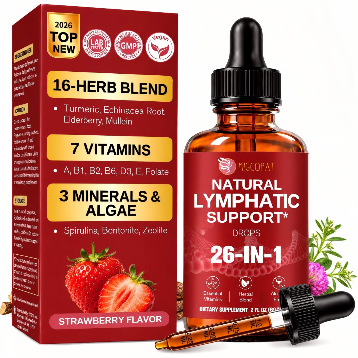Migcopat 26-in-1 Liposomal Lymphatic Drainage Drops, Strawberry Flavor
