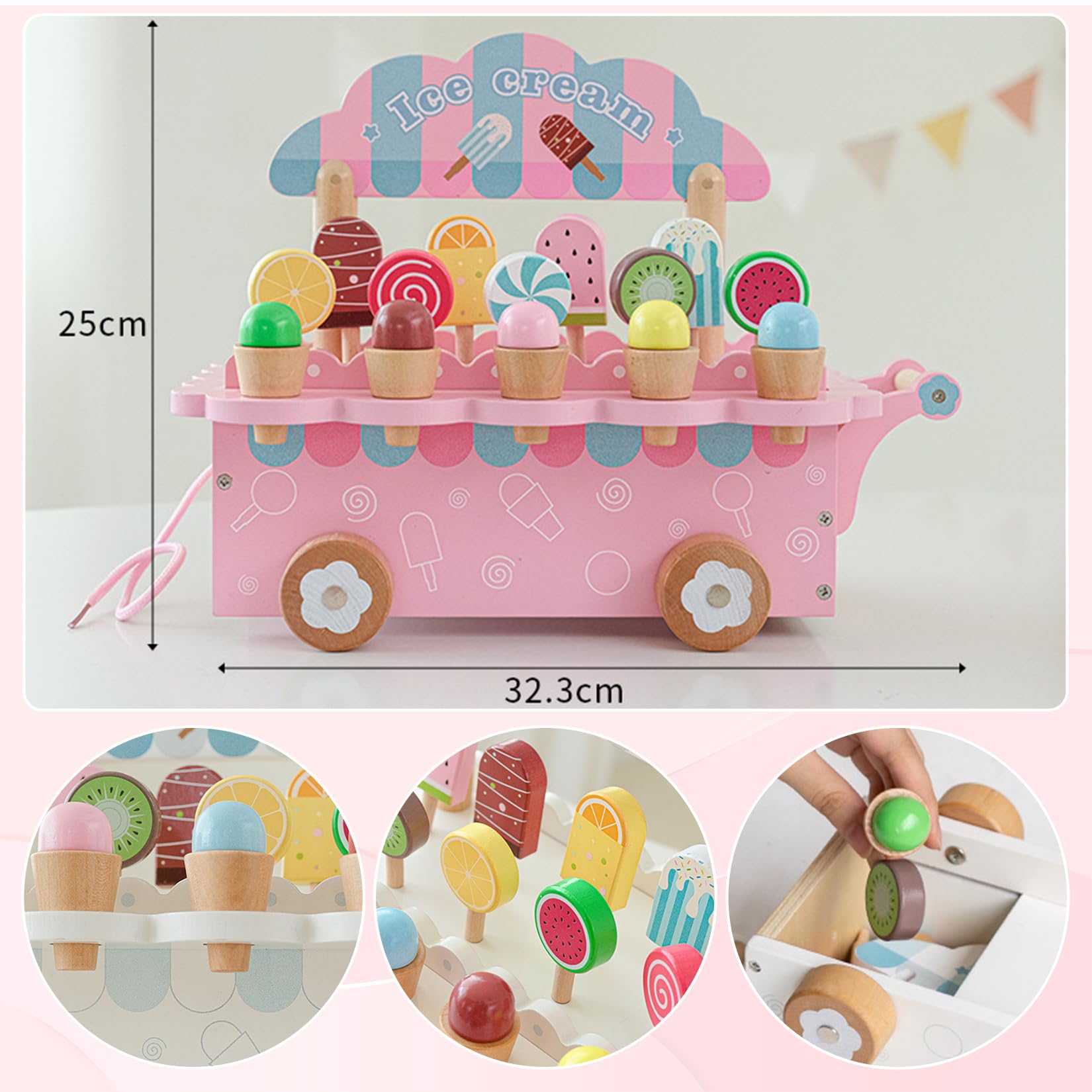 Gelateria Giocattolo Per Bambini In Legno Accessori Da Cucina Per Giochi Ruolo Con Contenitore Legno Per Bambini Dai 3 Anni In Su Giocattoli Didattici Di Natale Regali Compleanno (rosa)