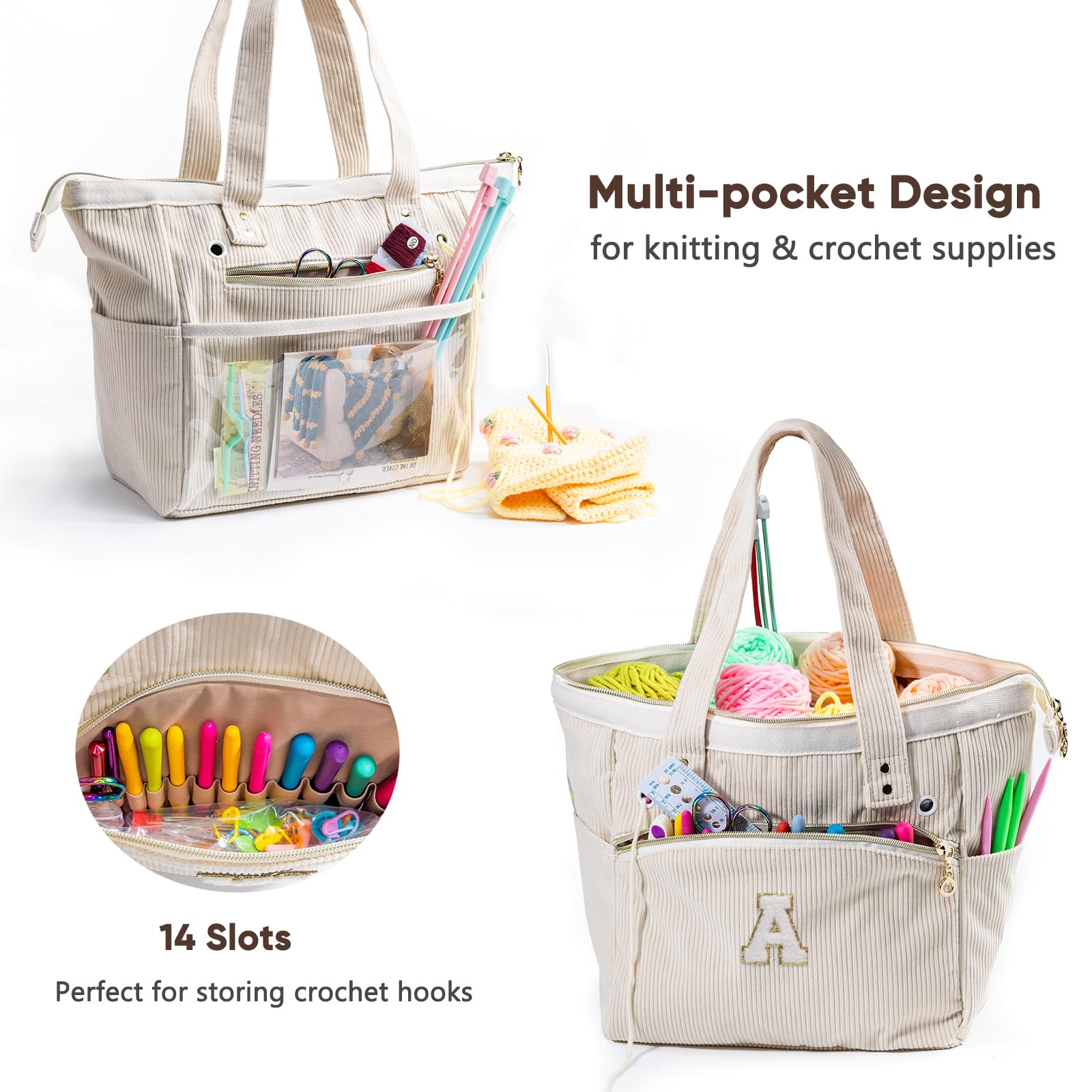 Initial Personalisierte Häkeltasche – Cordgarntasche Aufbewahrung – Garnhalter zum Häkeln – Häkel-Organizer für Häkelnadeln, Häkelzubehör, Projekttasche, Stricktasche, Häkelliebhaber, Geschenk