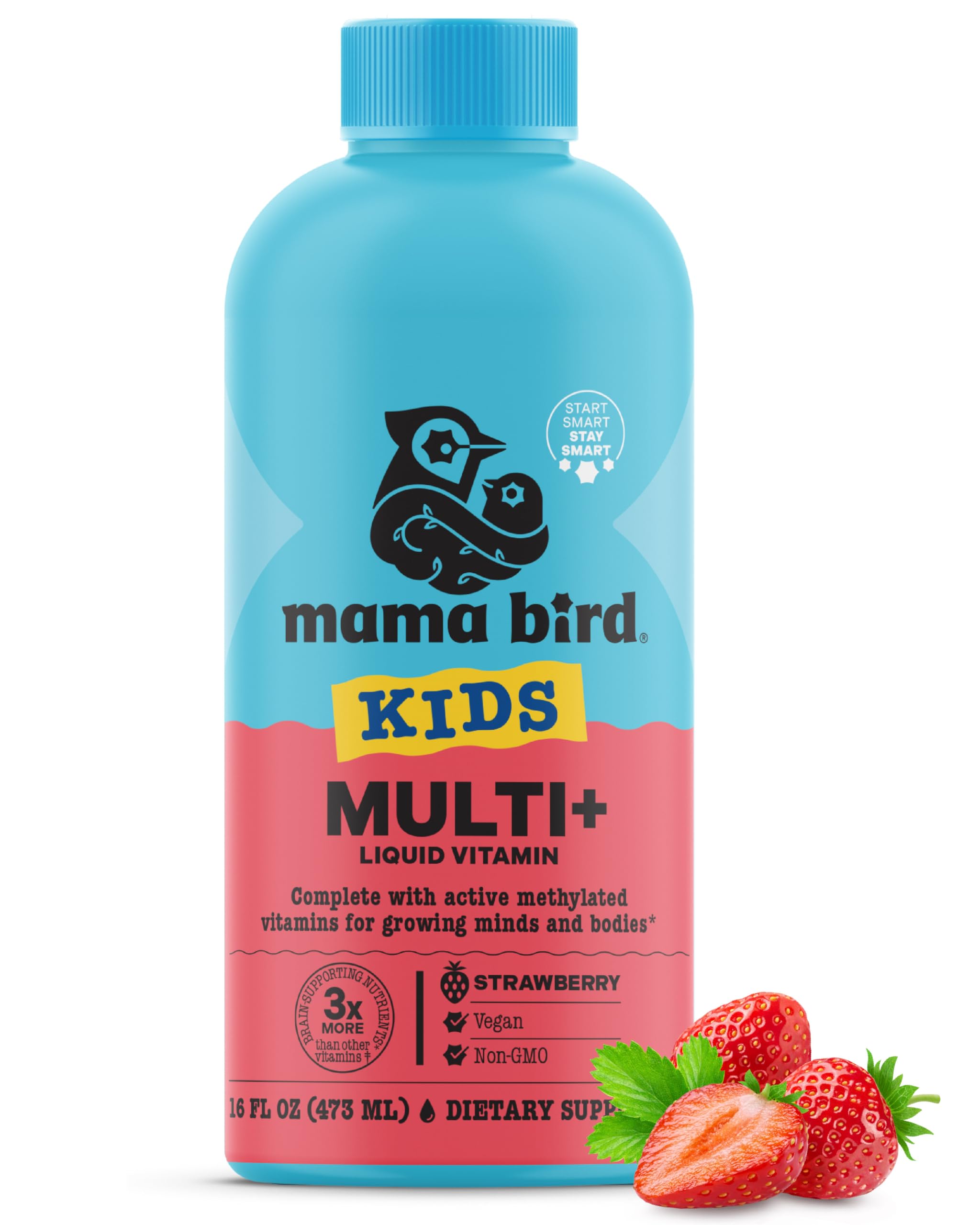 Mama Bird - Kids Multi+ Liquid Vitamins (31 Servings) Strawberry Flavor - Active Methylated Vitamins, Kids Multivitamin - Organic Superfoods, Enzymes