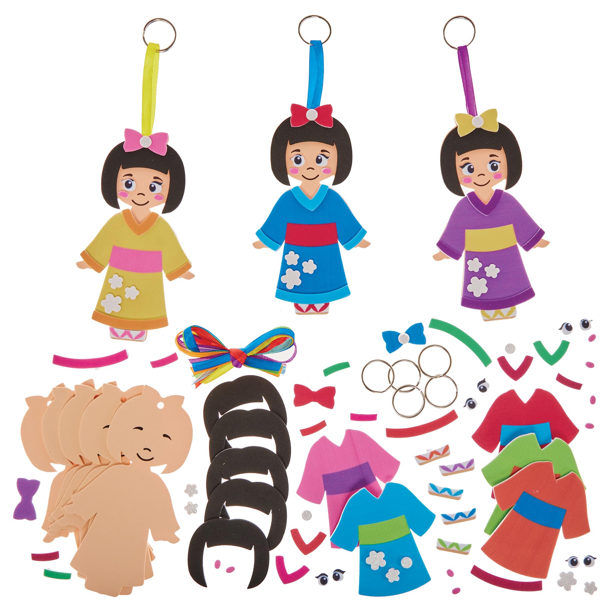 Baker Ross FN030 Kimono Girl Mix & Match Bag Dangler Kits - Pack of 8, Keyring Craft Kits for Kids