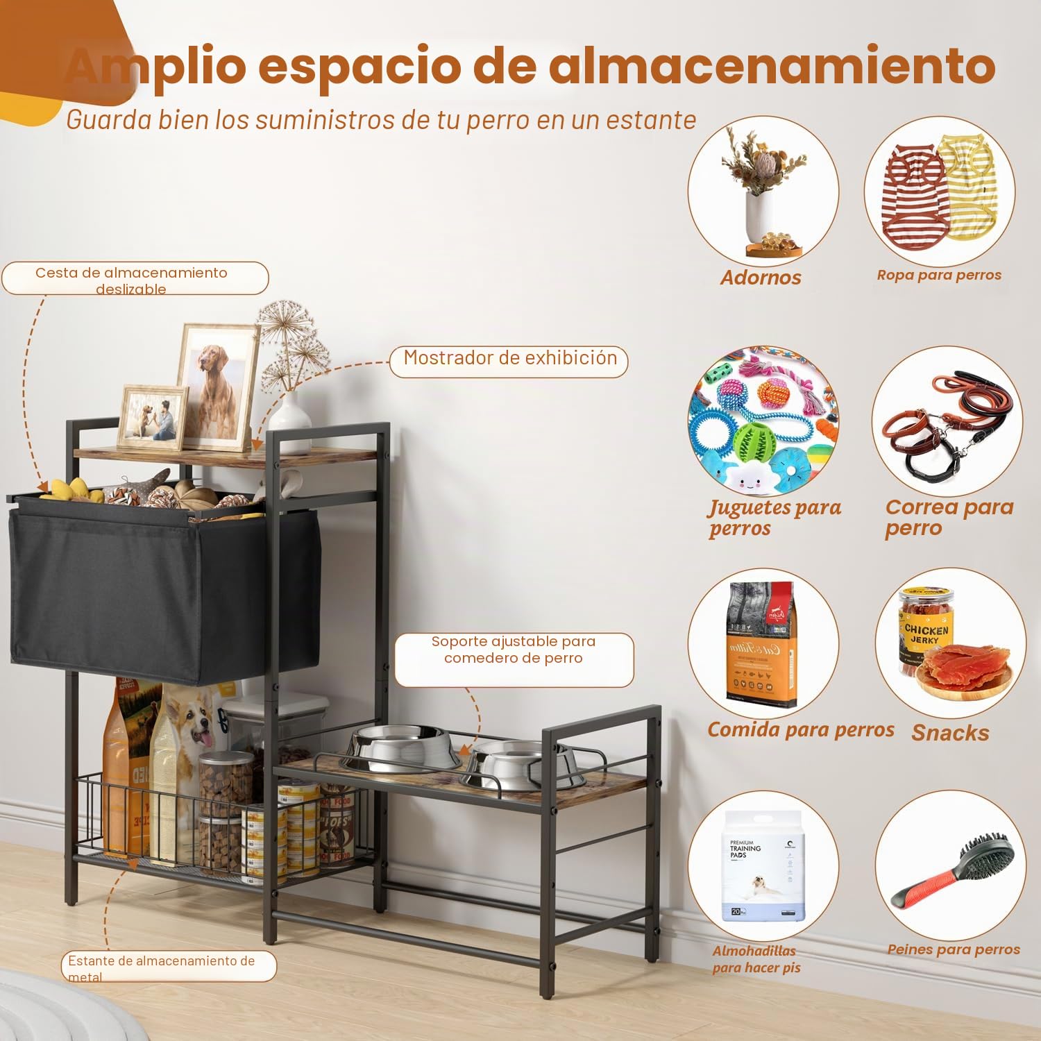 Comedero Elevado para Perros con Cesta de Juguetes, Bebedero y Armario para Mascotas - Para Perros Pequeños, Medianos y Grandes