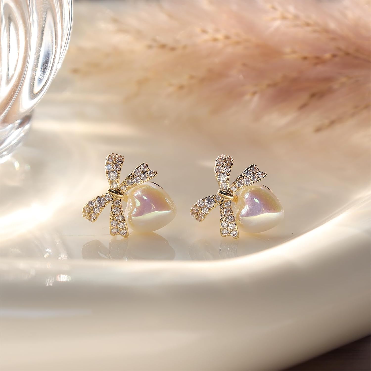 Jean Beau Pearl Bow Stud Earrings for Women, Christmas Dainty Pearls Cubic Zirconia Heart Earring Wedding Prom Xmas Holiday Accessories Costume Fashion Jewelry Gift - Image 6