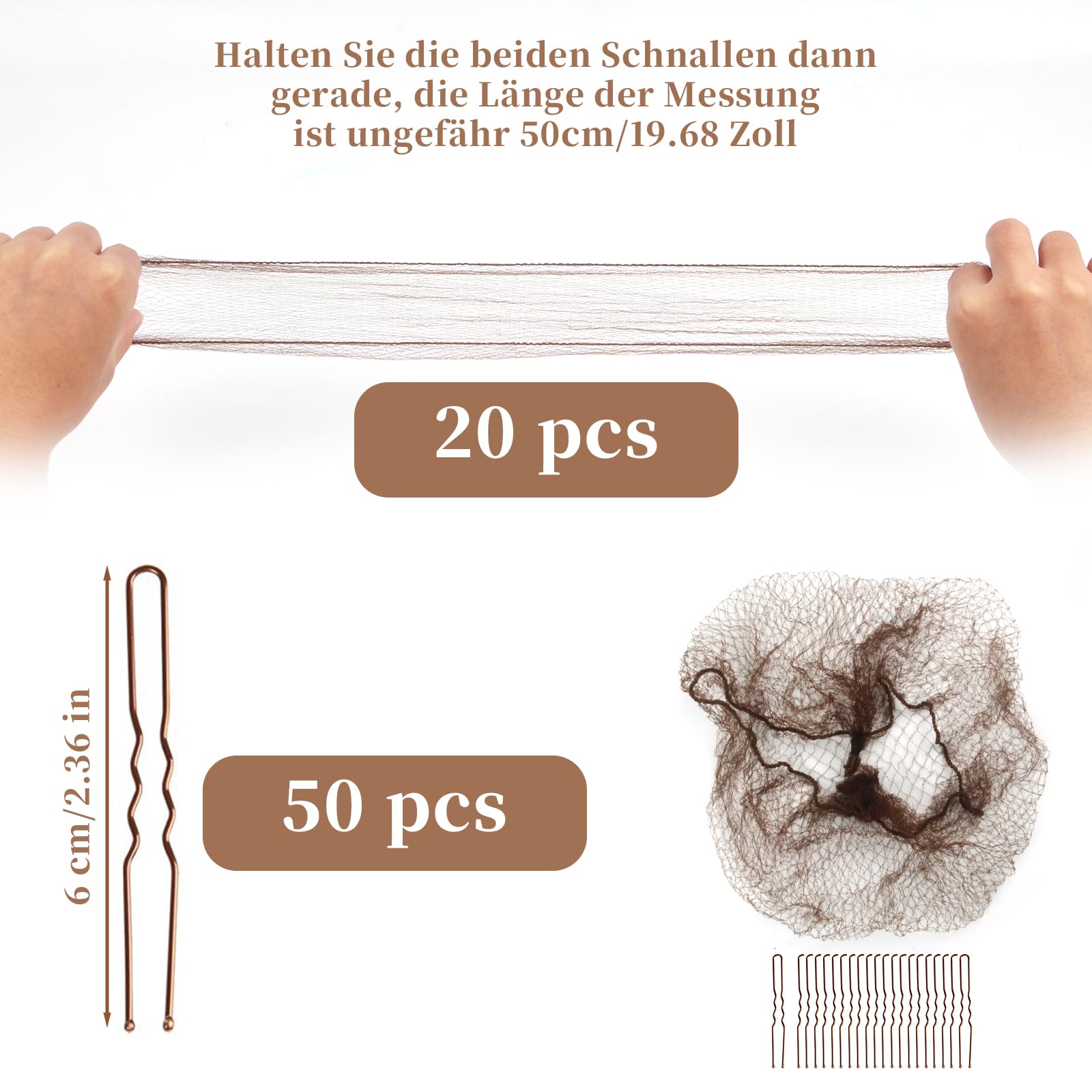 Confezione da 20 retine per chignon per balletto con 50 forcine per capelli a forma di U, retine elastiche invisibili, per chignon da danza e balletto, retine per capelli da danza per donne, ragazze,