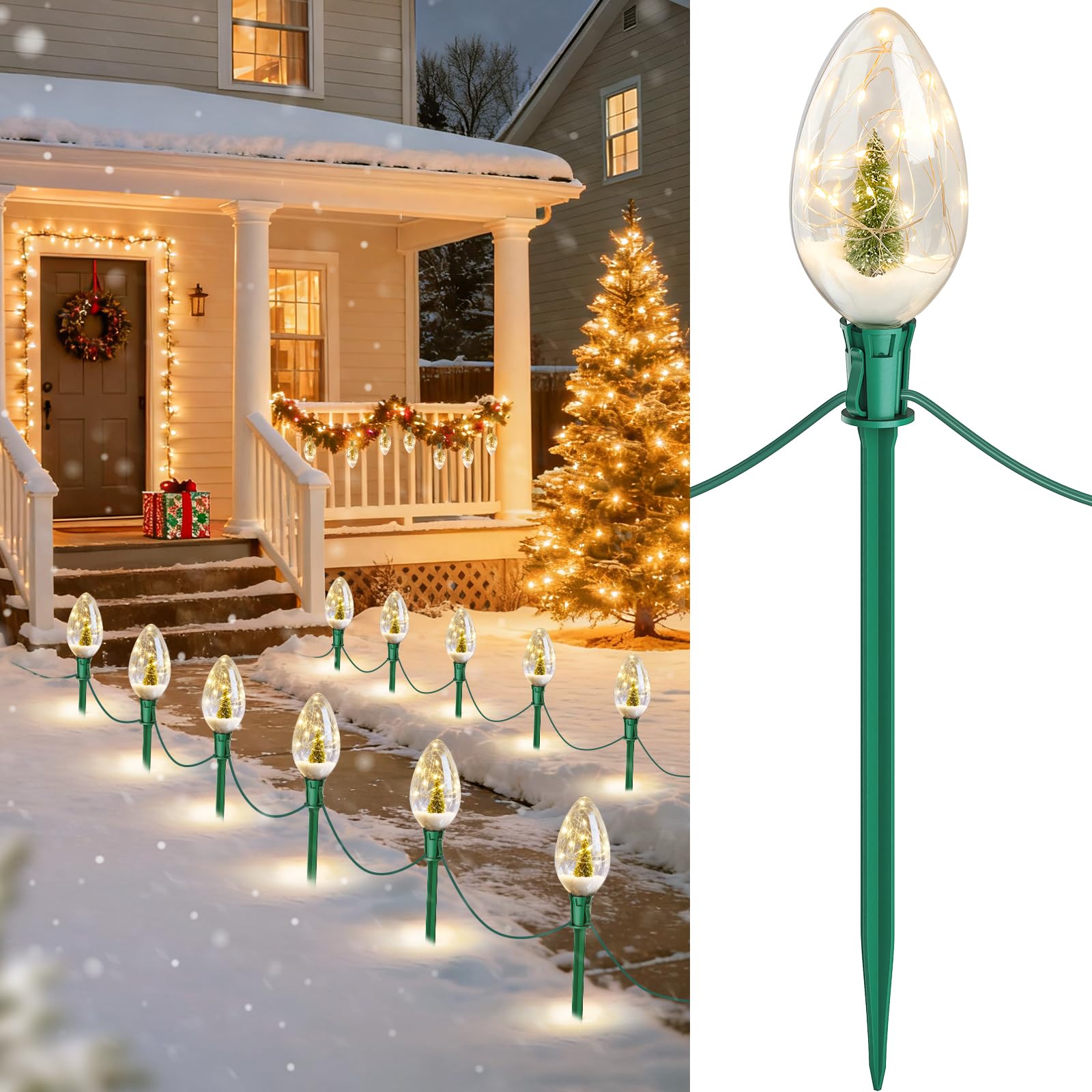 SURAIELEC 20 FT Christmas Pathway Lights Outdoor, LED Walkway Lights with 10 Jumbo C9 Bulbs, Mini Tree & Fairy Lights Inside, Warm White LED Yard Lawn Garden Decorations with Stakes, UL Listed