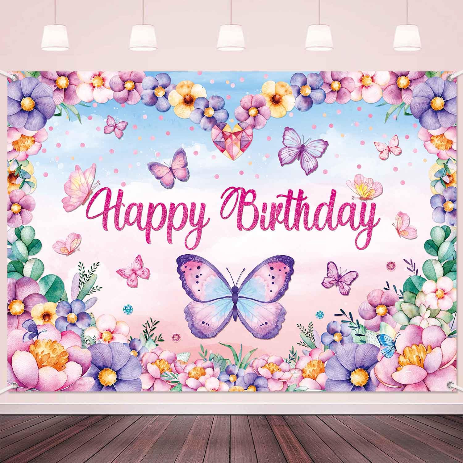LDWLYW Purple Butterfly Happy Birthday Backdrop Banner