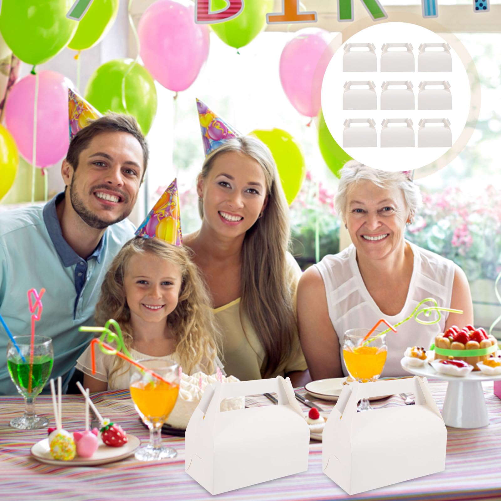 50 Stück Weiße Gebäckschachteln aus Papier für Muffins und Kuchen mit Tragegriff Faltbar für Zuhause und Geburtstagsparty