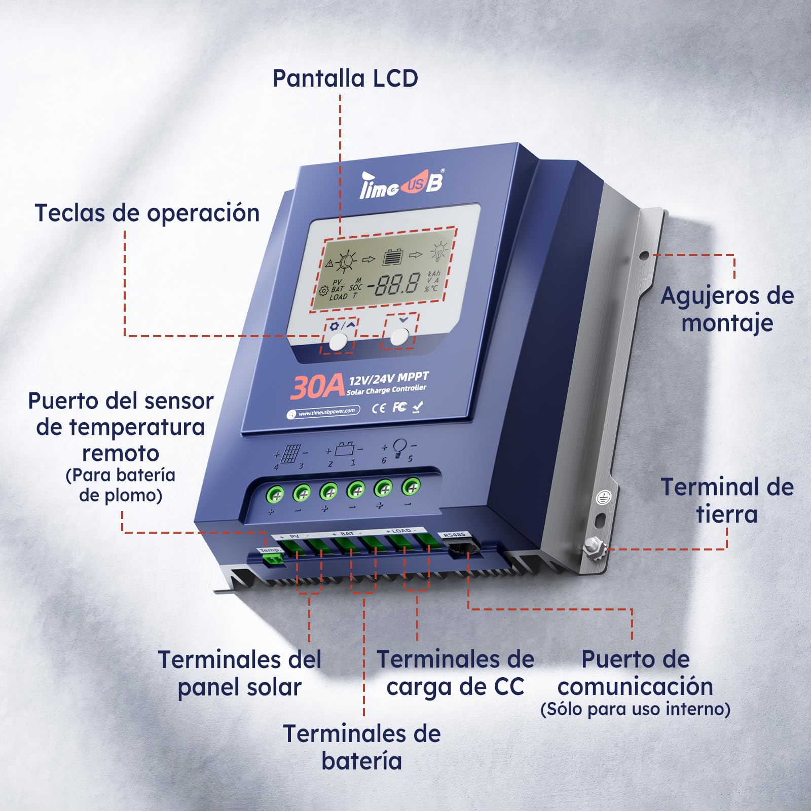 Timeusb Regulador de Carga Solar MPPT 12V 24V 30A para Batería LiFePO4 | Reconocimiento Automático,Entrada FV Máx. 50V,99% de Seguimiento,Controlador de Carga con Pantalla LCD para Plomo-ácido