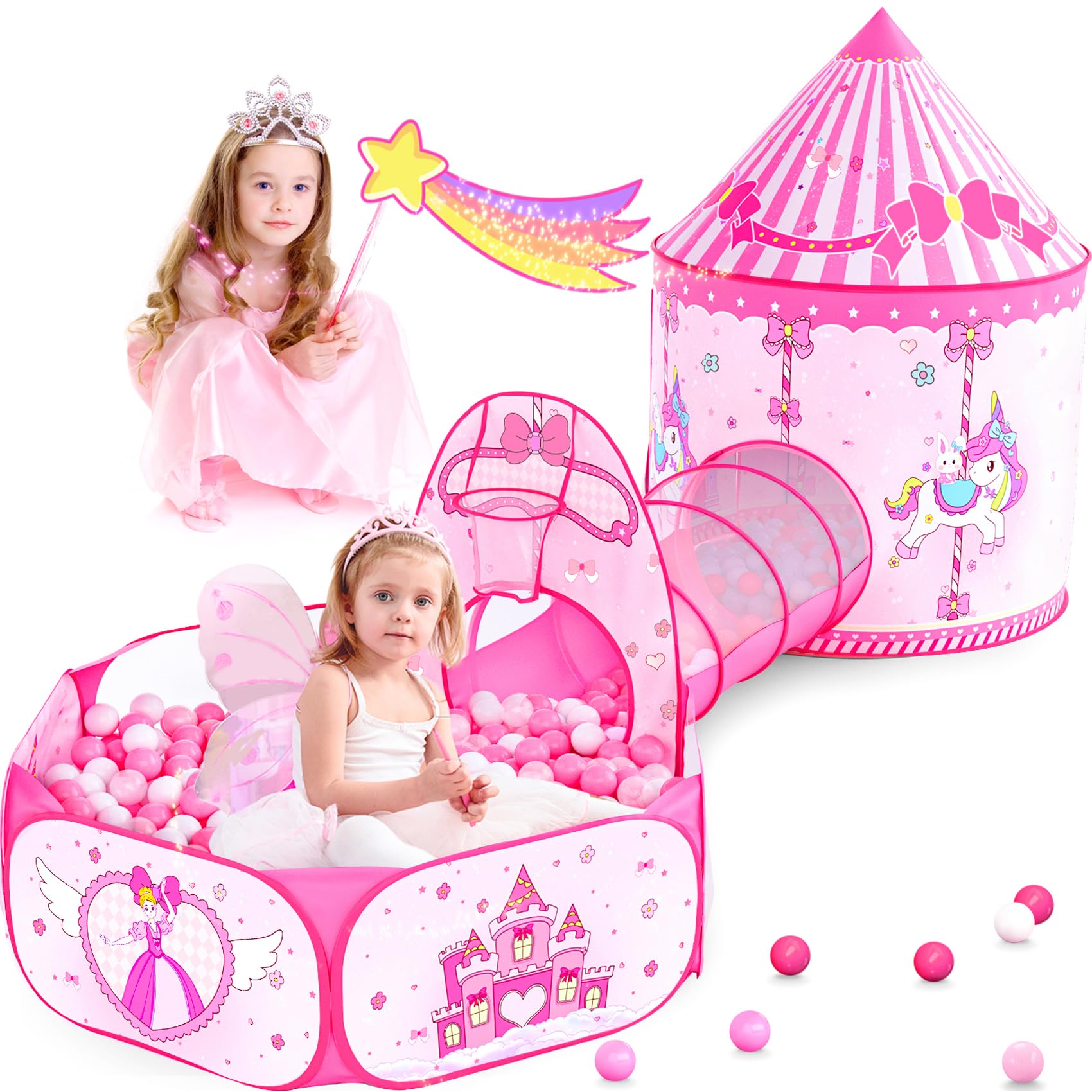 3 in 1 Girls Princess Play Tent for Kids: Pop Up Toddlers Playhouse with Baby Crawl Tunnel, Ball Pit and Castle Tent - Pink Children Play Tent Toys Indoor and Outdoor Game for Birthday Gift