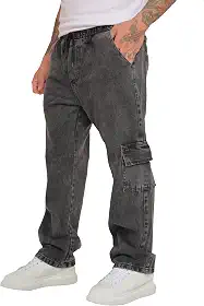 Calça Cargo Jeans Com Cintura Elastcia e Perna Larga Sem Lycra Cor Preto Marmorizada