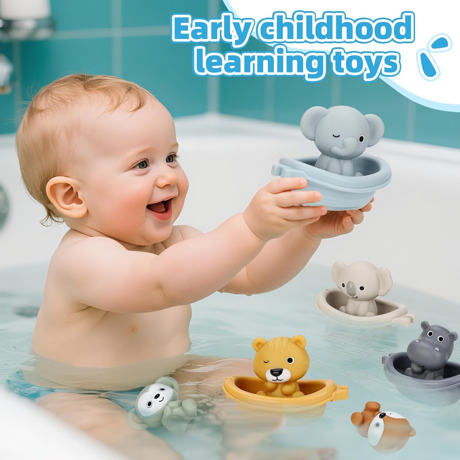 Bath Toys Float Boats for Kids Ages 18M+,Stackable Floaty Boat,Animal Finger Puppets,Toddler Toys Gifts for 2-4 Year Old Baby Gifts Valentines Easter Basket